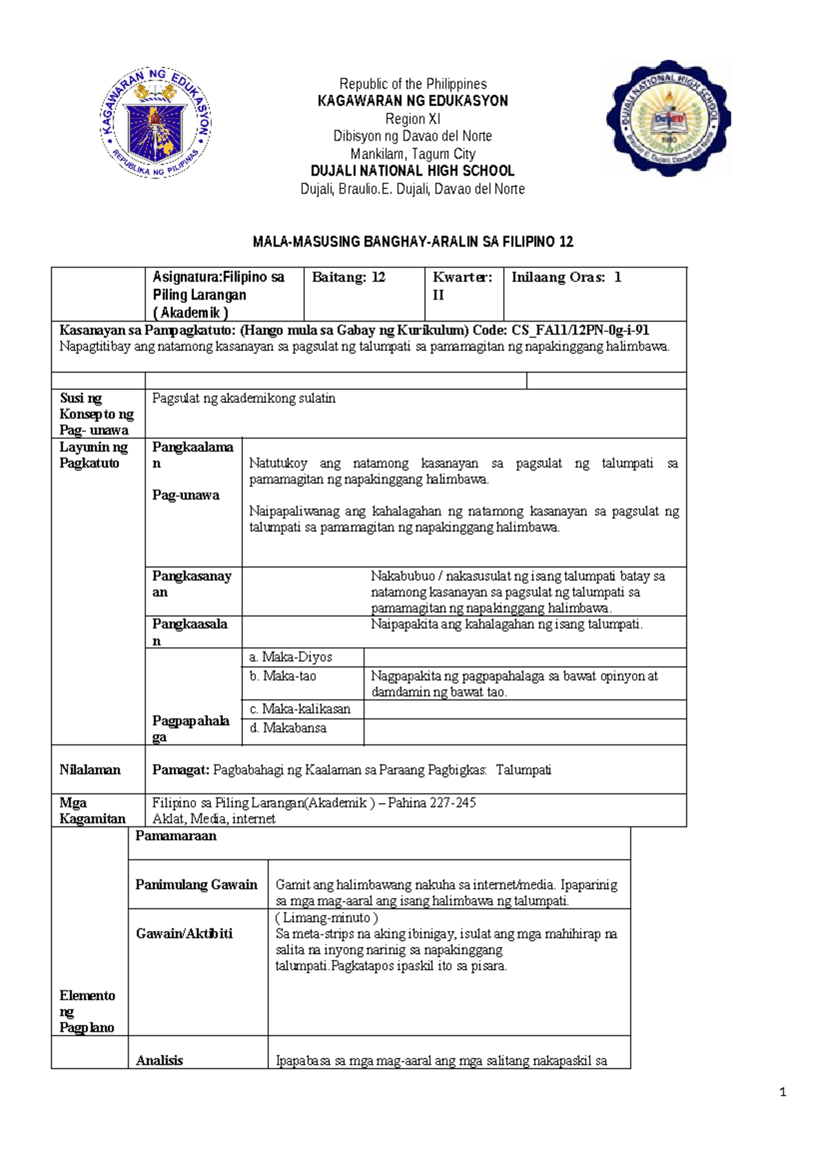 Q1 PL3 a-d(Akademik) - lesson plan example for all - Republic of the ...