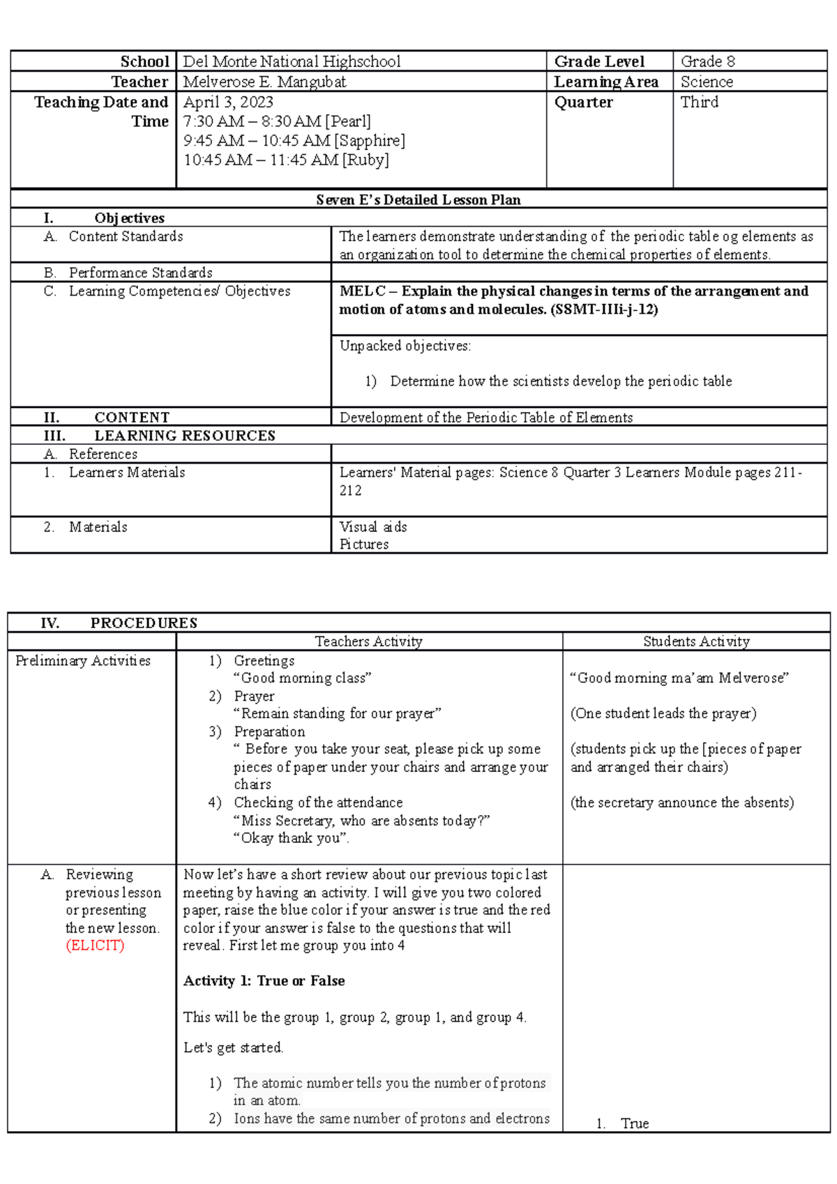 Periodic table scientists lesson plan - School Del Monte National ...