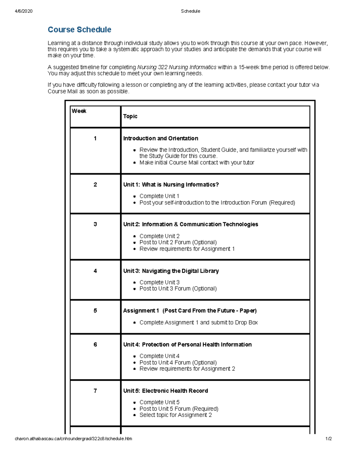 Schedule - 4/6/2020 Schedule charon.athabascau.ca/cnhsundergrad/322c8 ...