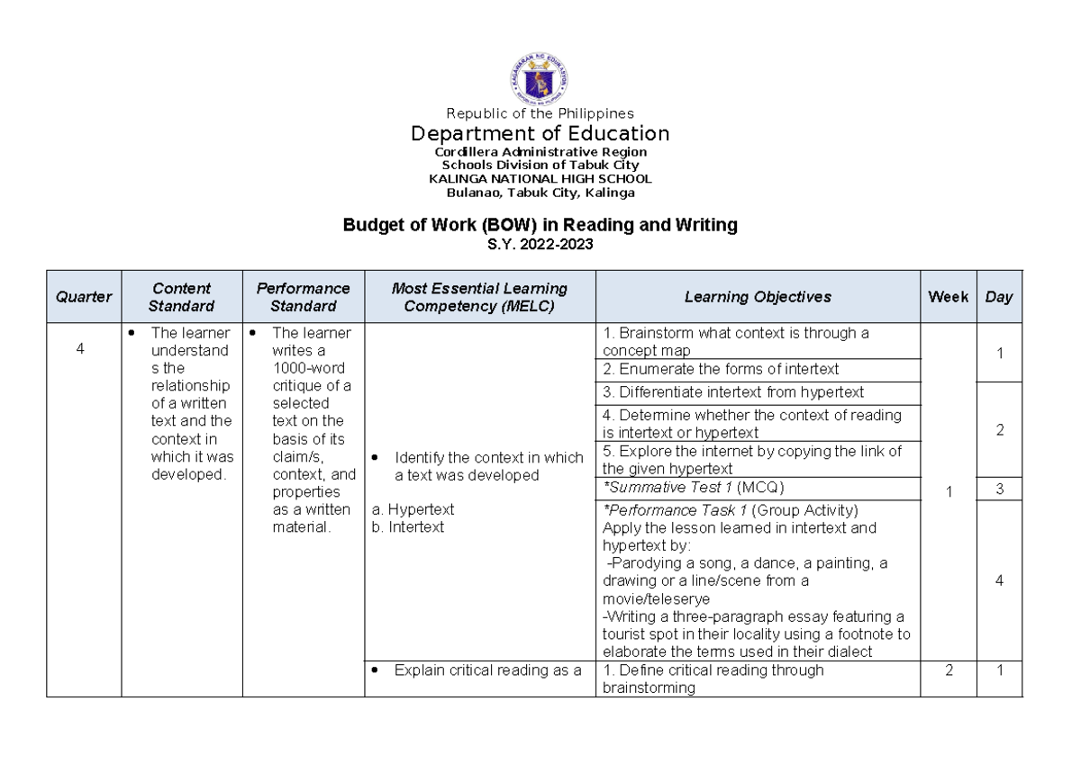 BOW- Reading AND Writing - Republic of the Philippines Department of ...