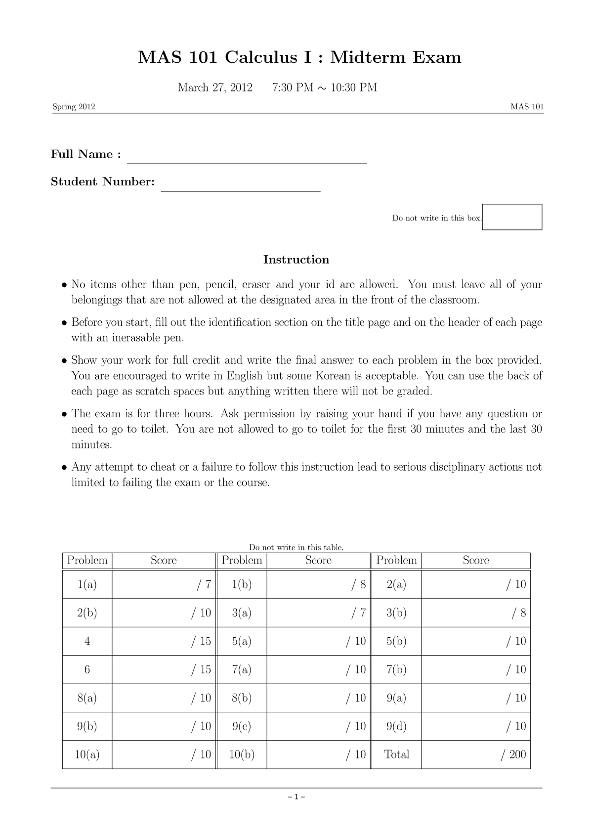 2012 Spring MAS101 Mid-term - MAS 101 Calculus I : Midterm Exam March ...