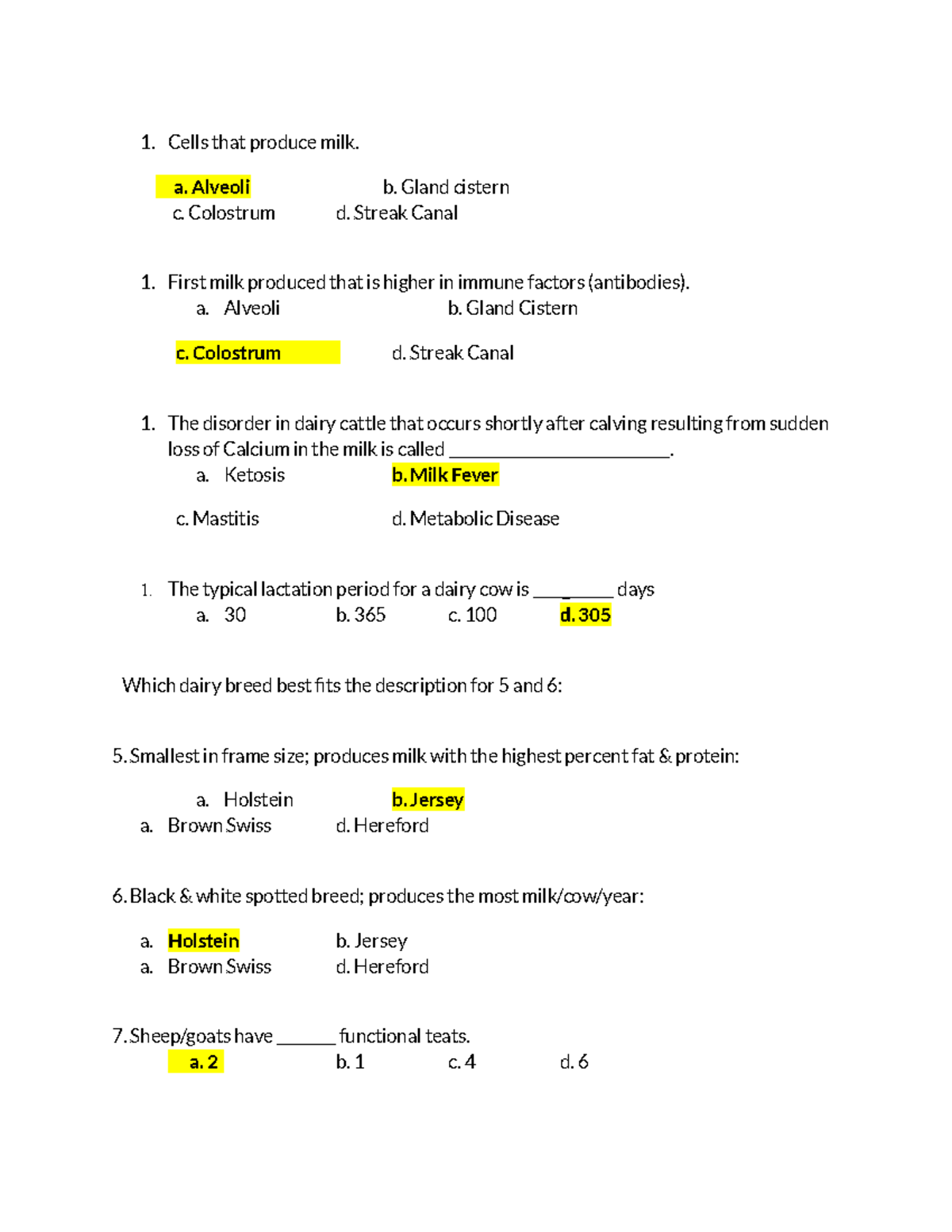 Vet Science Exam 3 Answers - Cells That Produce Milk. A. Alveoli B ...