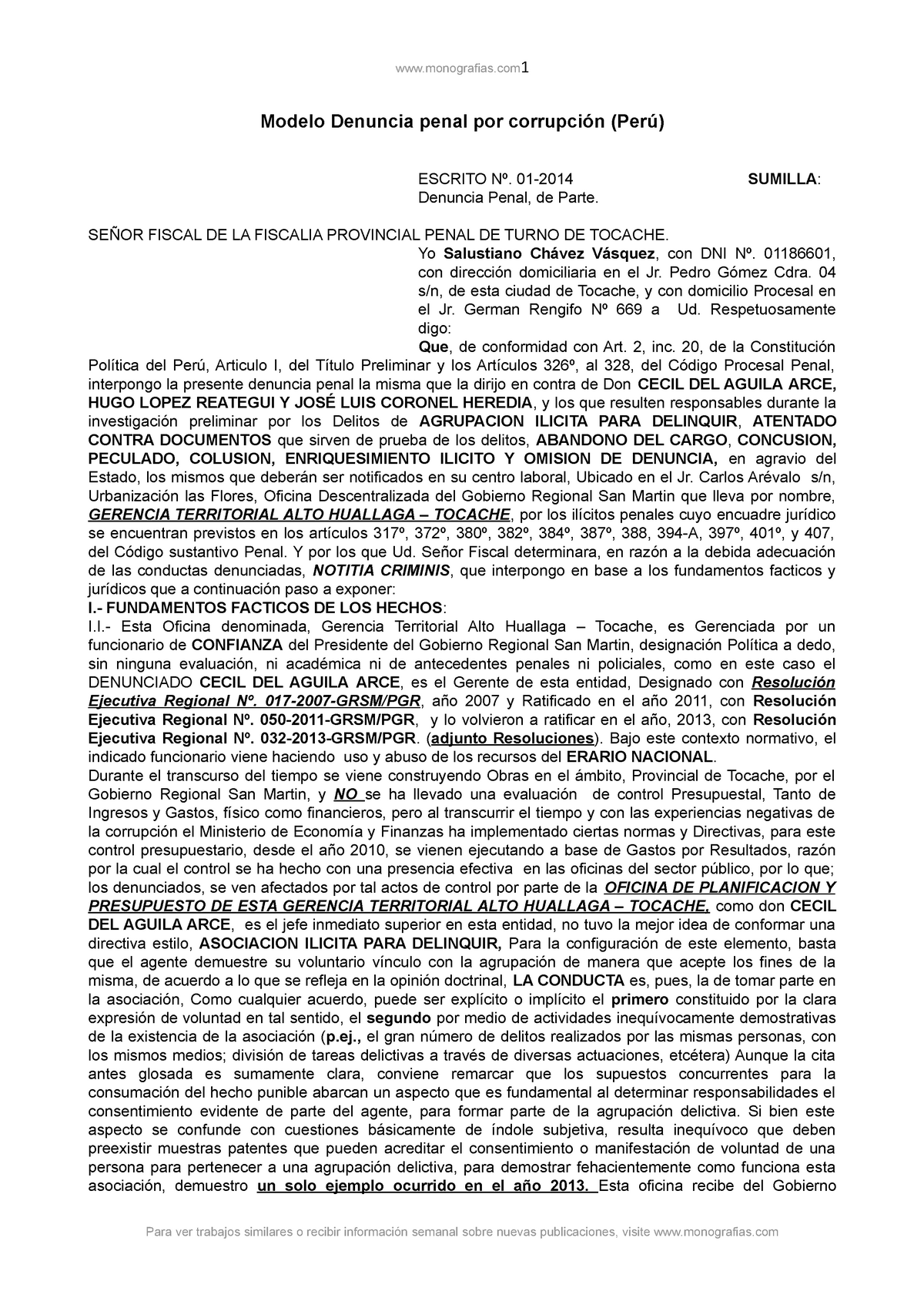 299597588 Modelo Denuncia Penal Corrupcion Peru - Modelo Denuncia penal por  corrupción (Perú) - Studocu