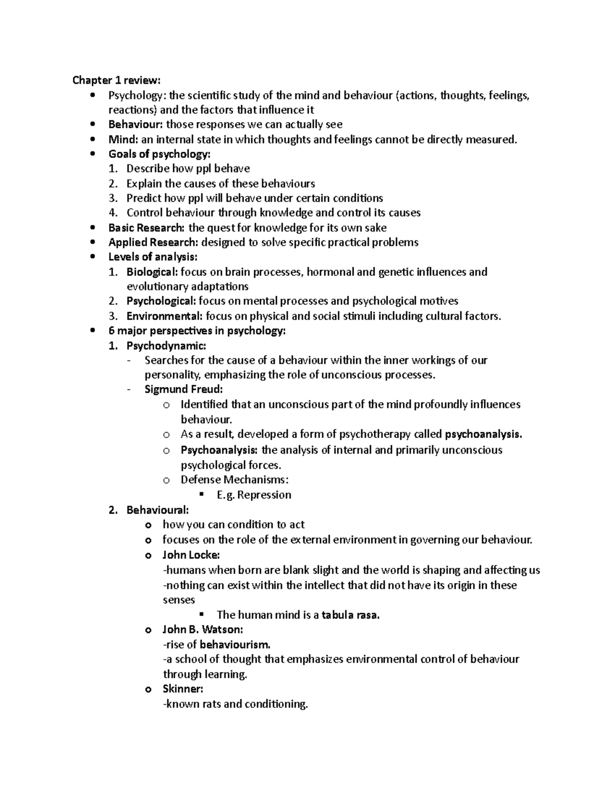 Psychology- Chapter 1 notes - Chapter 1 review: Psychology: the ...