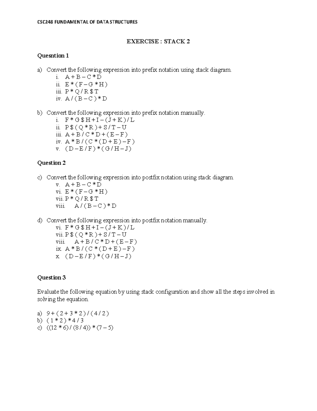 Stack 2 Exercise Csc248 Fundamental Of Data Structures Exercise Stack 2 Exercise Csc248 Fundamental Of Data Structures Exercise