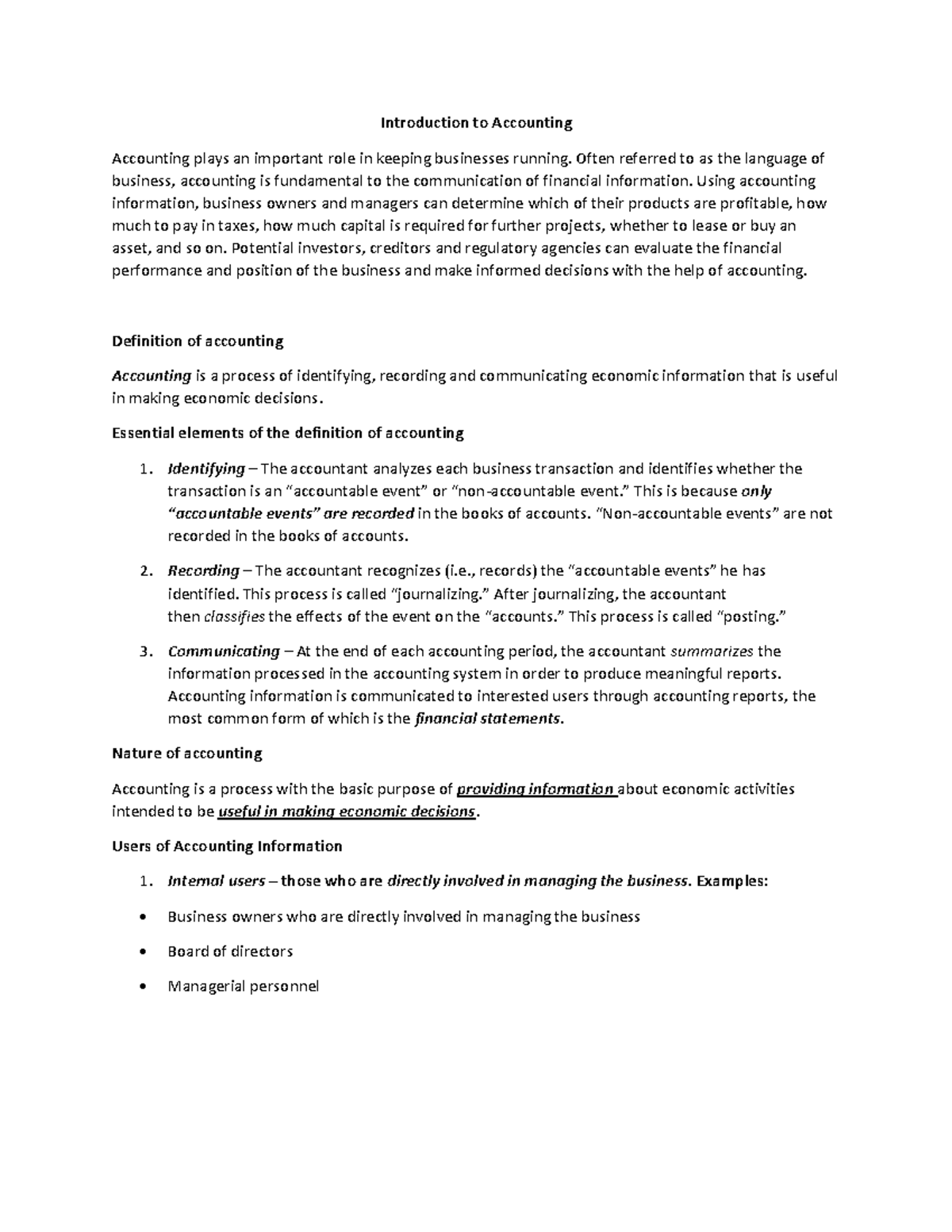 Introduction to Accounting - Introduction to Accounting Accounting ...