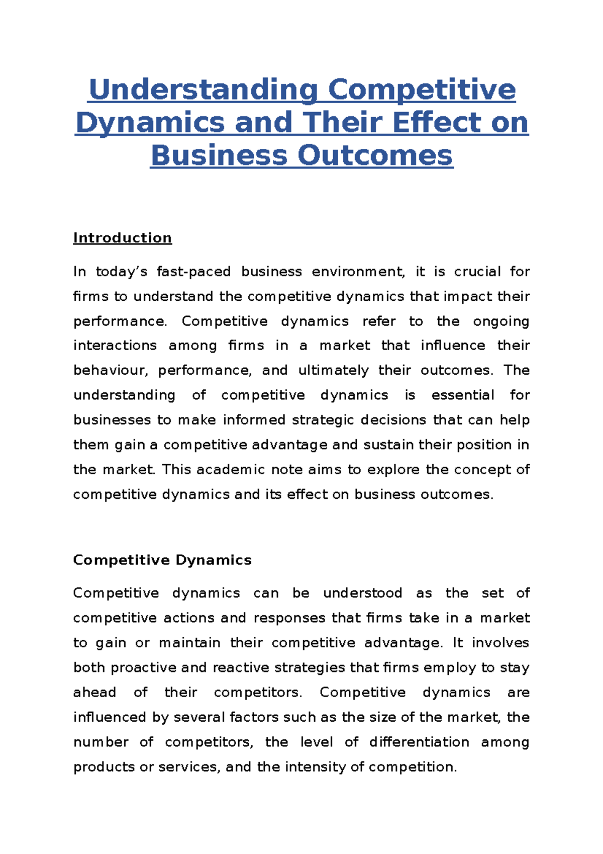 Understanding Competitive Dynamics and Their Effect on Business ...