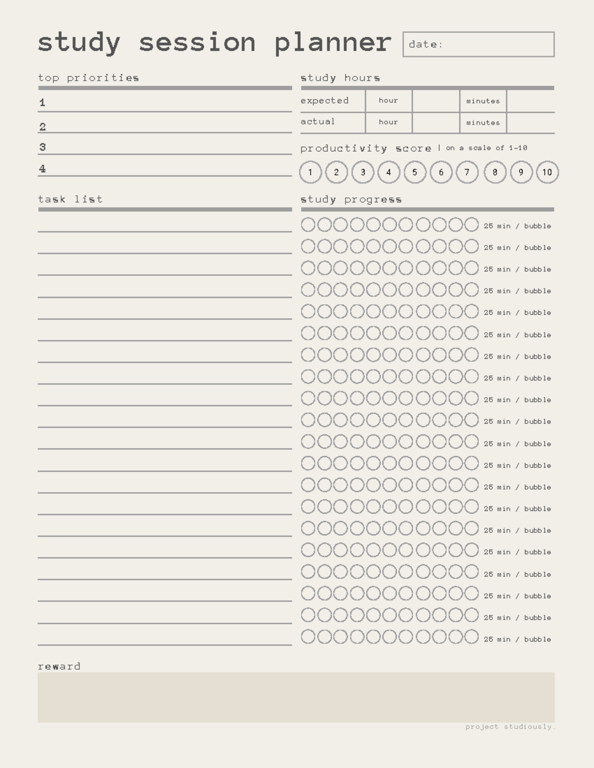 Study session planner - beige - US Letter - expected minutes actual ...