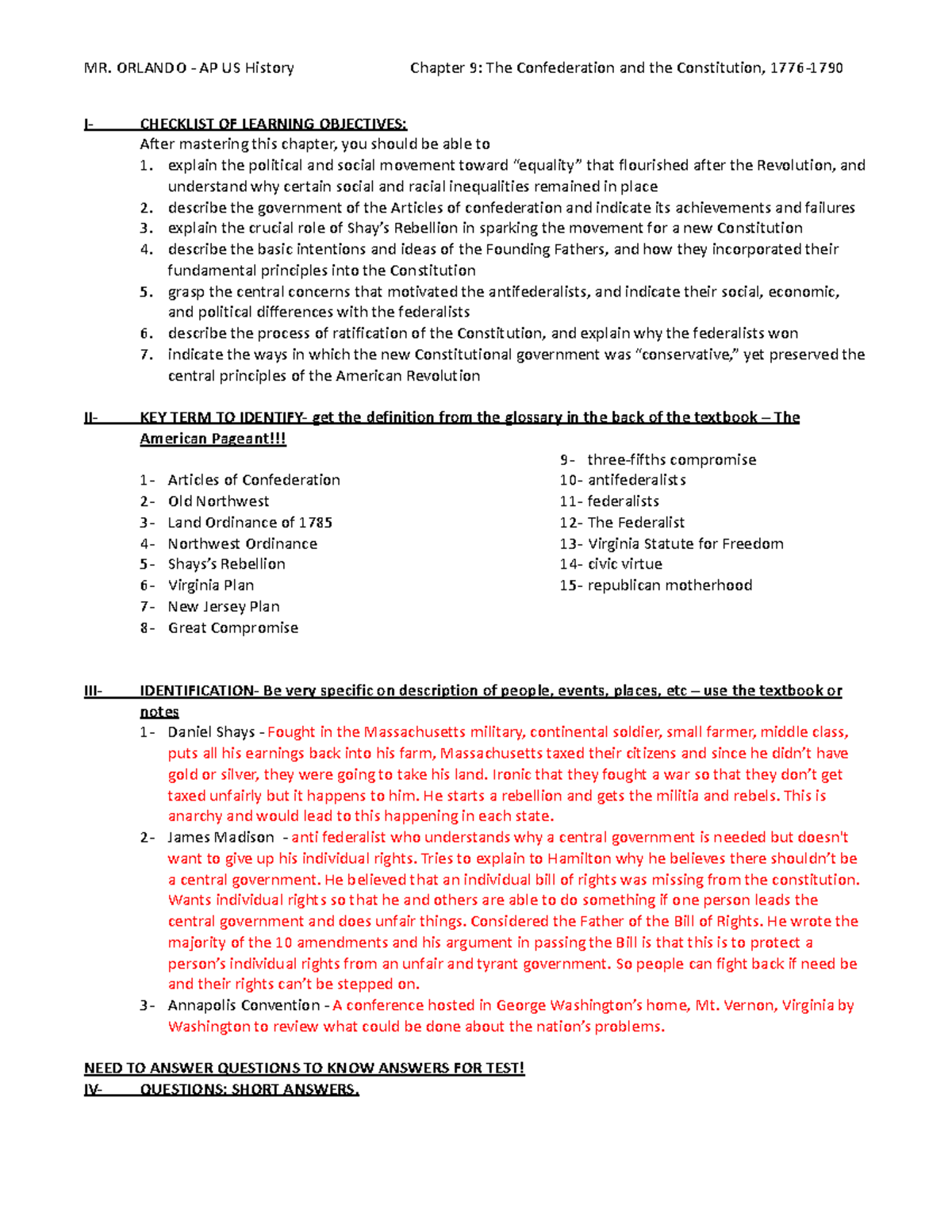 Study guide chapter 9 - MR. ORLANDO - AP US History Chapter 9: The ...