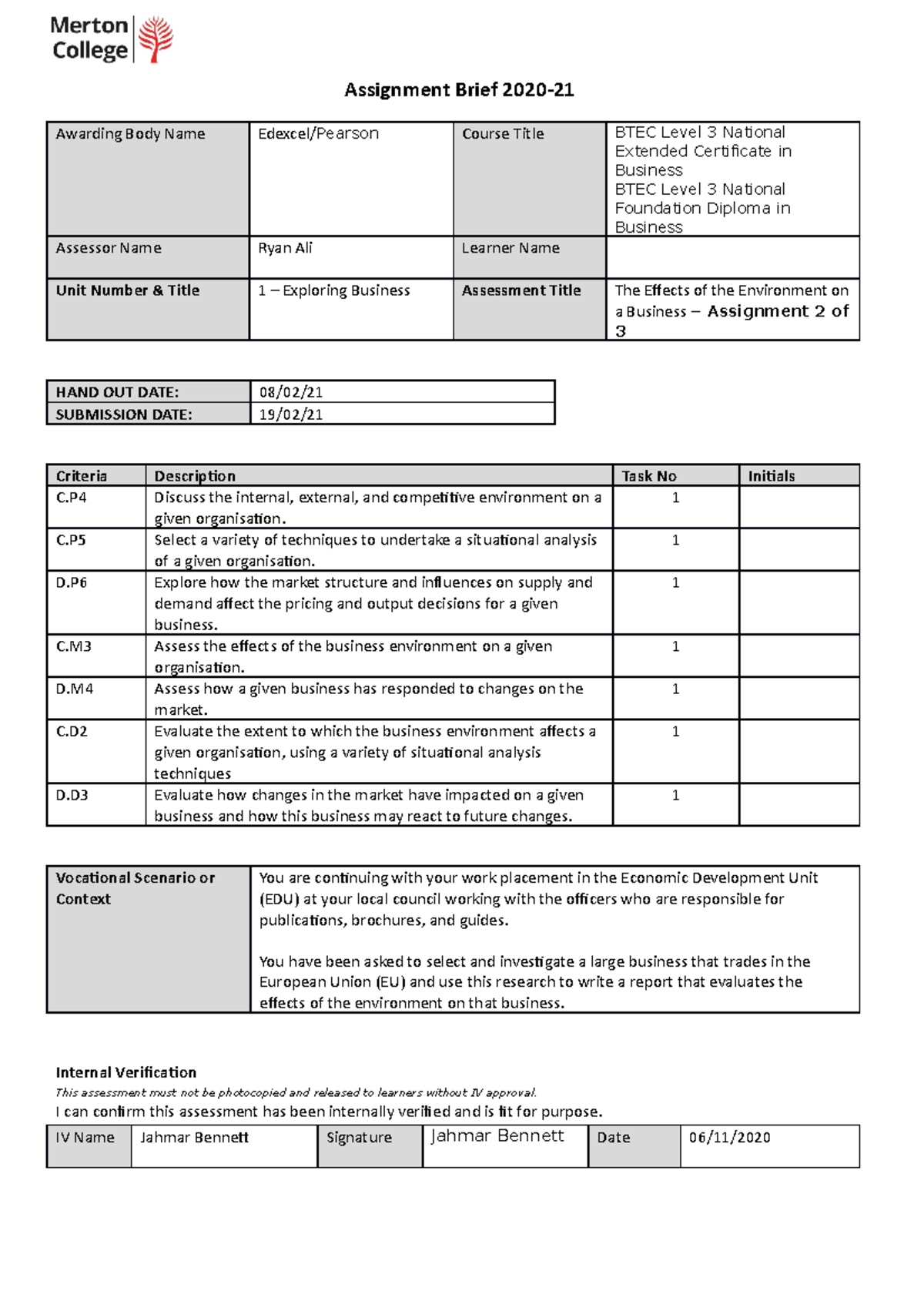 Unit 1 Exploring Business Assignment Brief 2 2020 2021 - Assignment ...