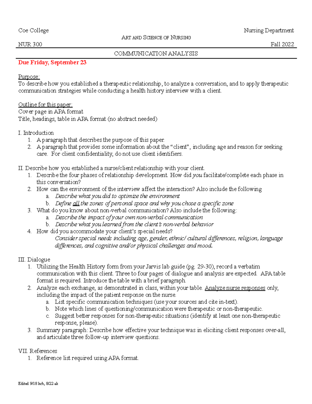 1. Communication Analysis Fall 2022 - Coe College Nursing Department 