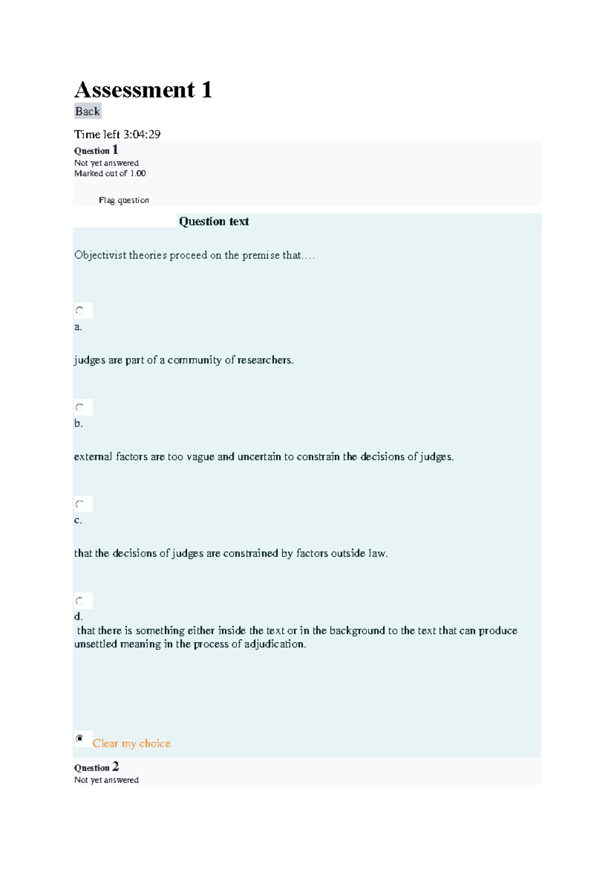 Assessment 1 Quizz Attempt 1 (40%) - Assessment 1 Back Time left 3:04 ...