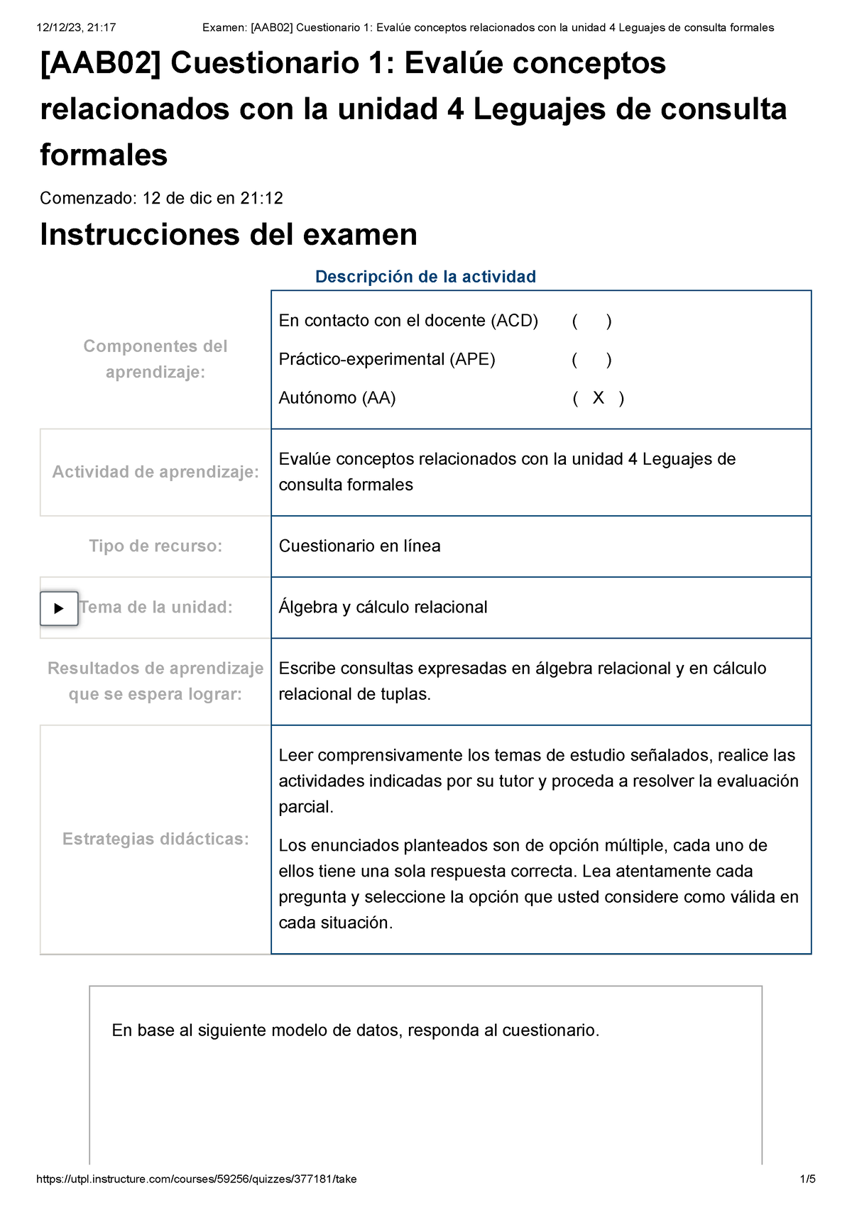 Examen [AAB02] Cuestionario 1 Evalúe Conceptos Relacionados Con La ...