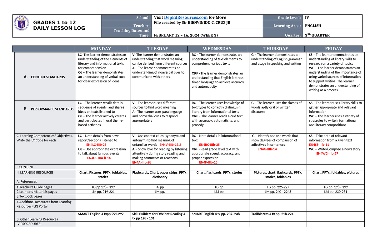 Dll English 4 Q3 W3 Ngg Grades 1 To 12 Daily Lesson Log School Visit Depedresources For 7467