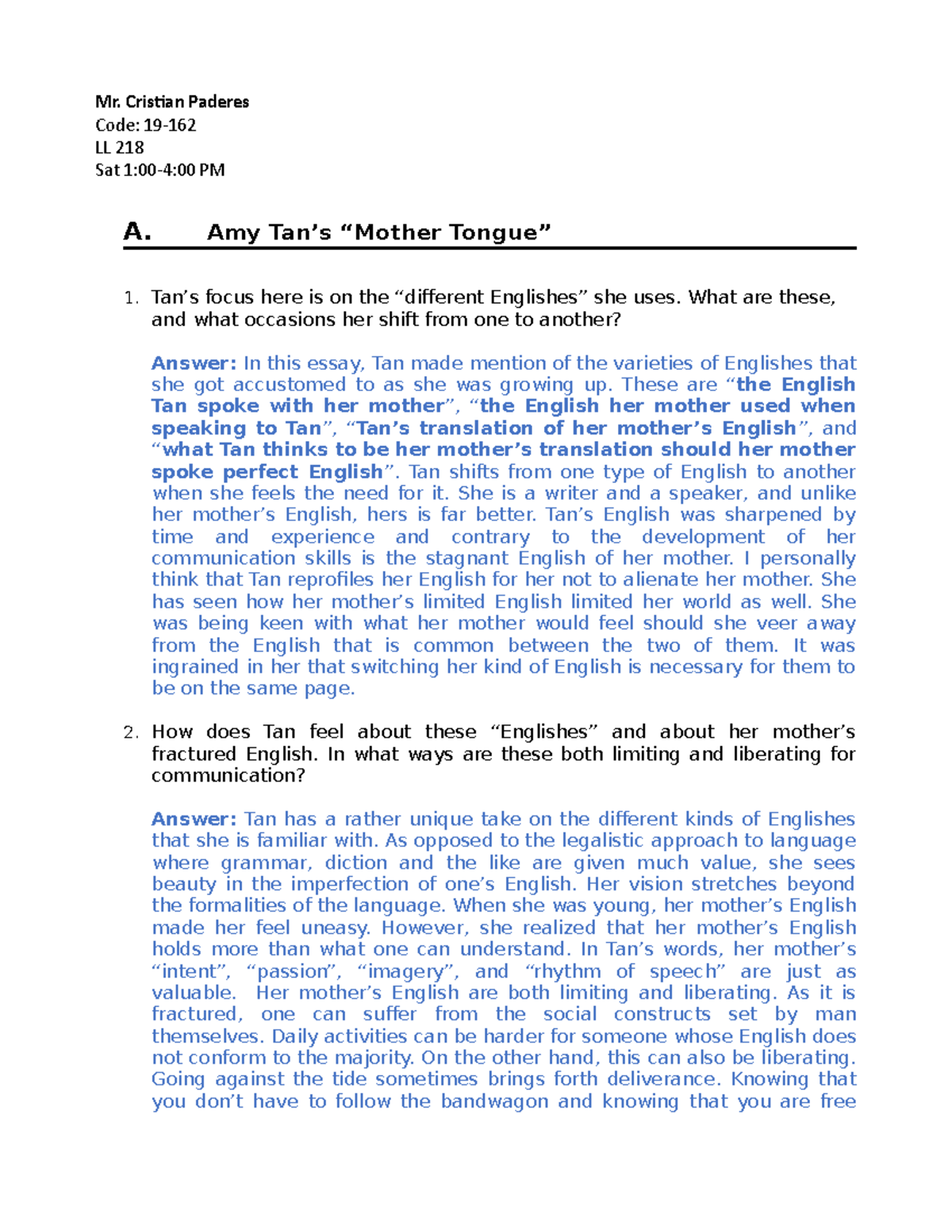 AMY TAN - An analysis of Amy Tan's work - Mr. Cristian Paderes Code: 19 ...