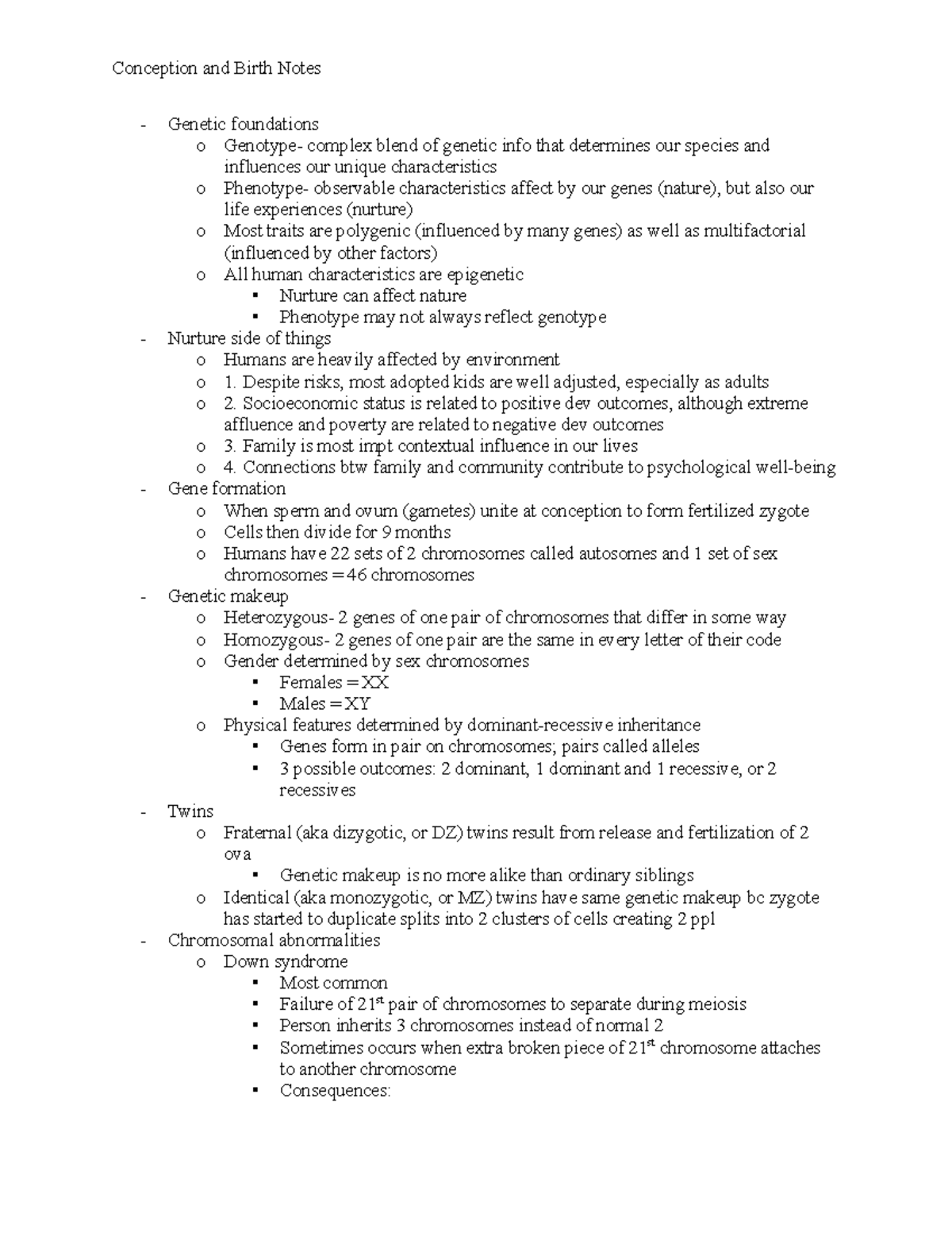 Conception and Birth Notes - Conception and Birth Notes Genetic ...