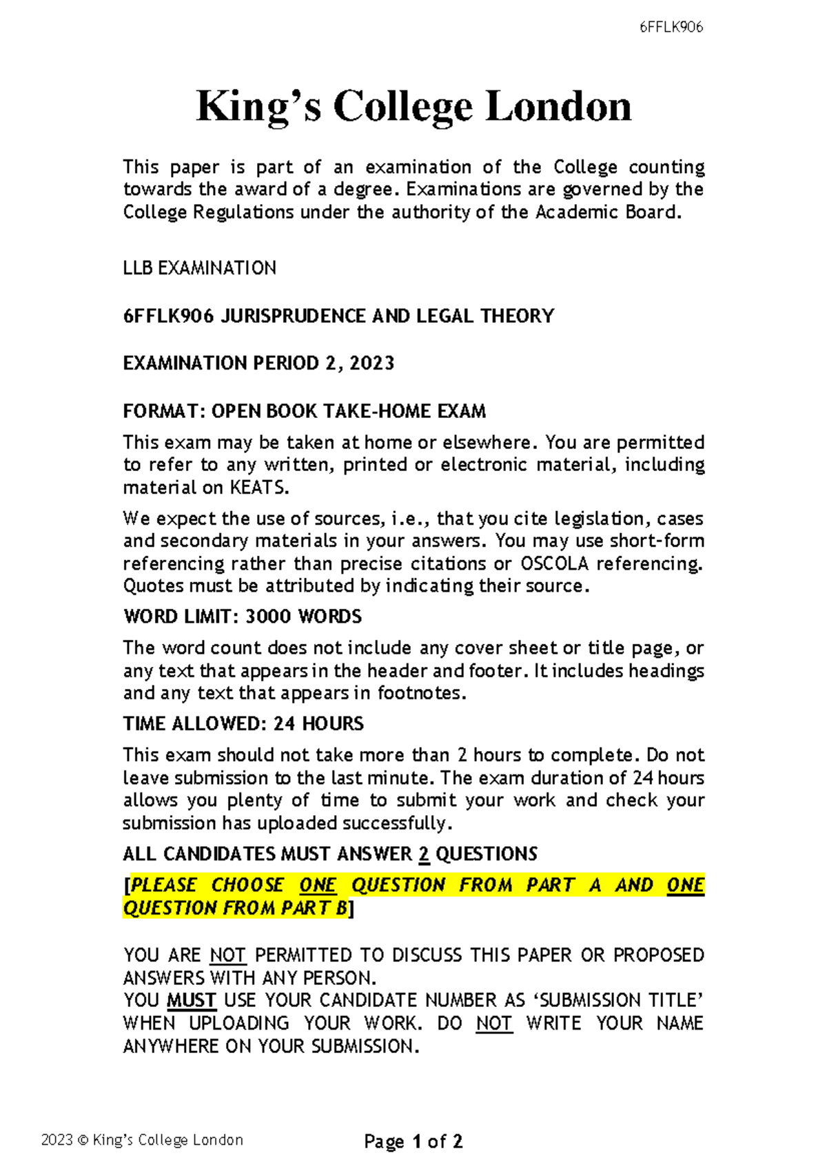 6FFLK906 Exam Paper, Period 2 2023 - KCL - Studocu