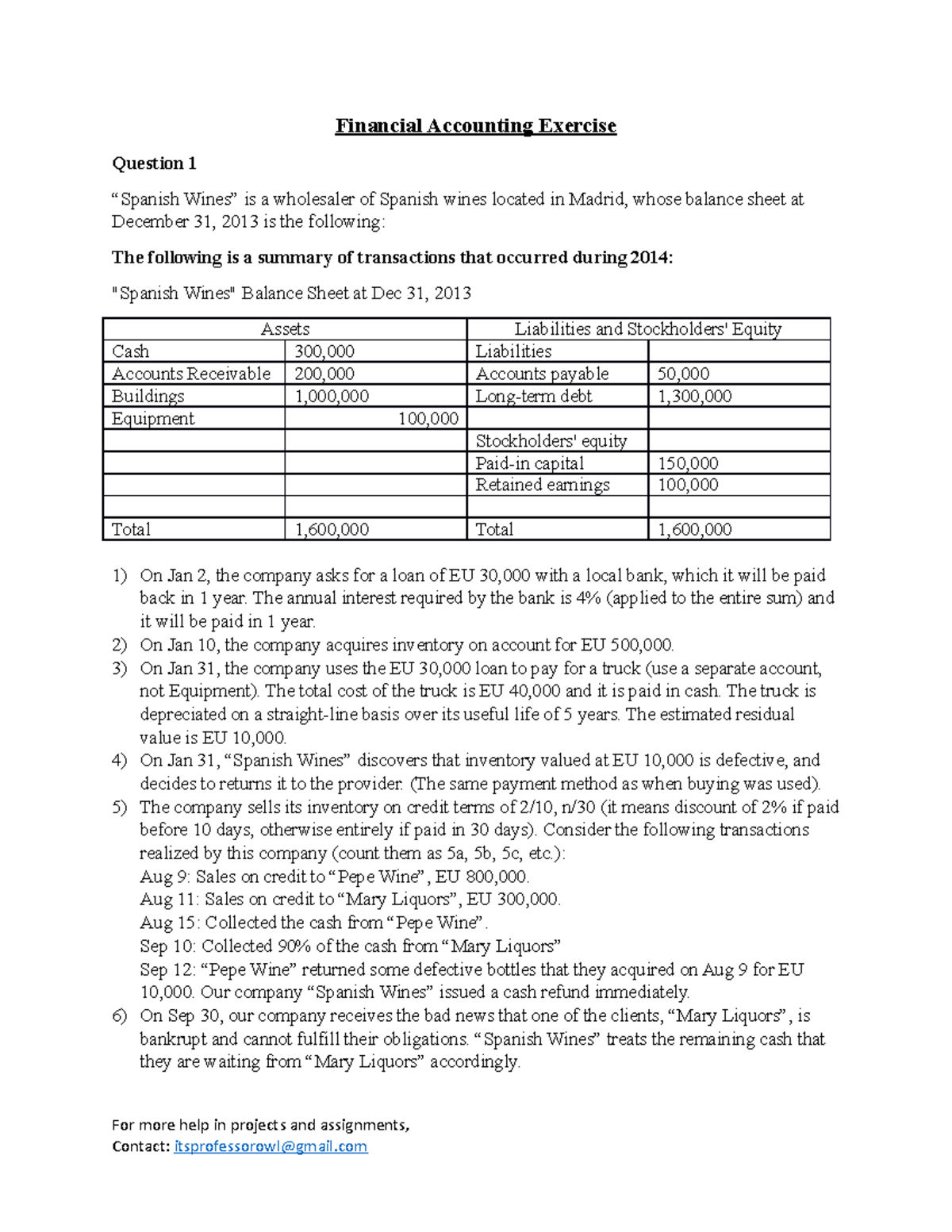 Financial Accounting Exercise Financial Accounting Exercise Question
