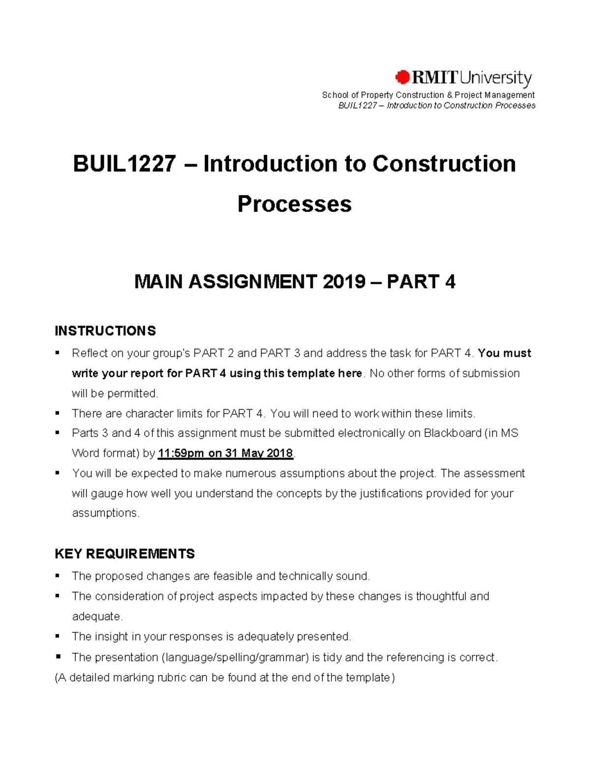 Assignment 1 2019-2020 Construction Processes RMIT - School of Property ...