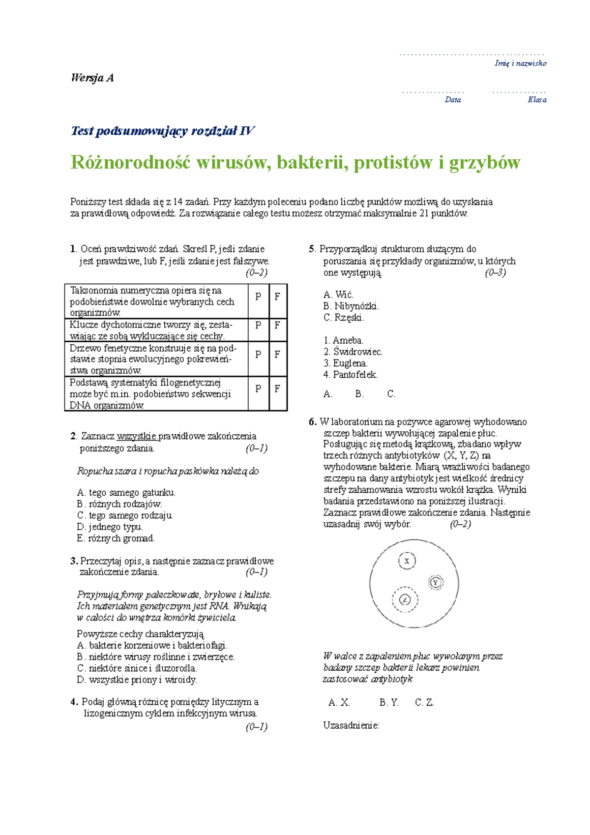 Roznorodnosc prokariontow - Wersja A Test podsumowujący rozdział IV