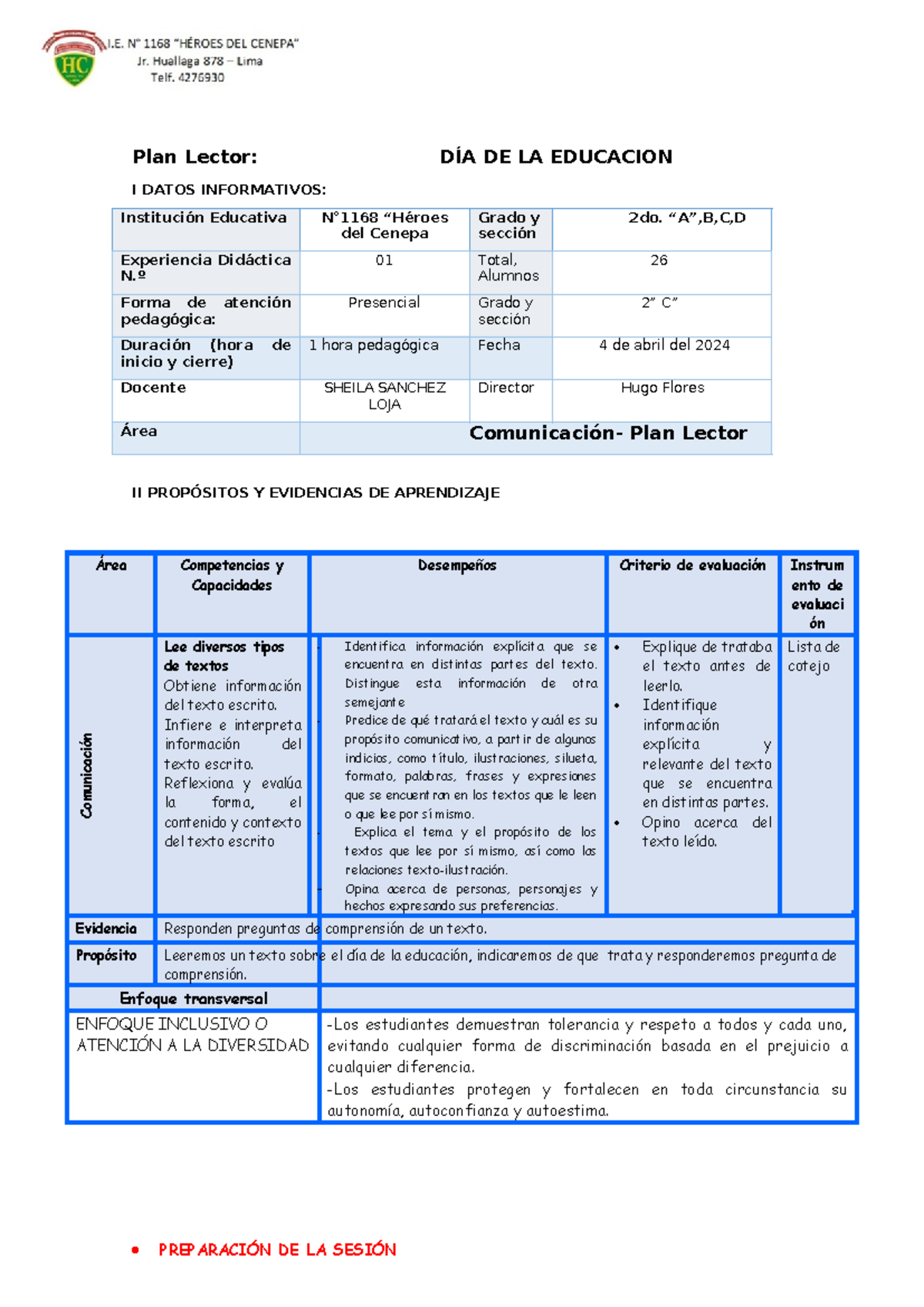 Sesión D4 PLAN Lector DIA DE LA Educacion - Plan Lector: DÍA DE LA ...