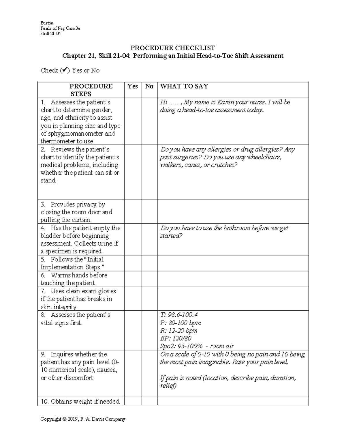 Head - to - Toe Shift Assessment - Funds of Nsg Care 3e Skill 21 ...