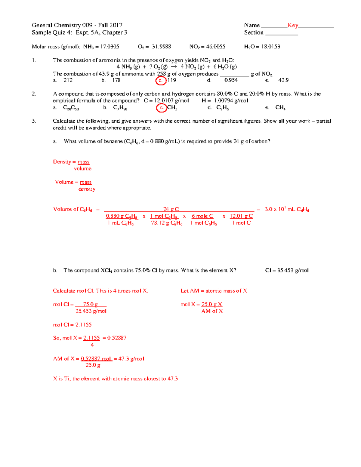 Quiz 3 Answers - Chemistry Recitation Quiz - General Chemistry 009 - Fall 2017 Sample Quiz 4 ...