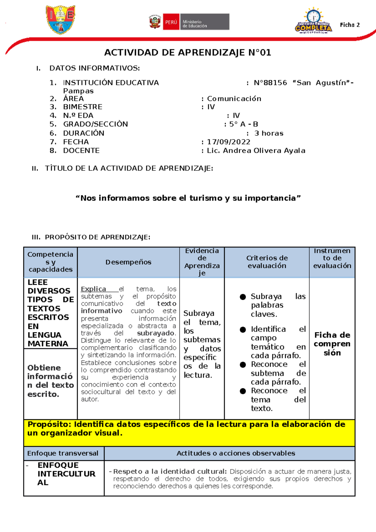 Actividad N°1-5to. Leemos Textos - ACTIVIDAD DE APRENDIZAJE N° I. DATOS ...