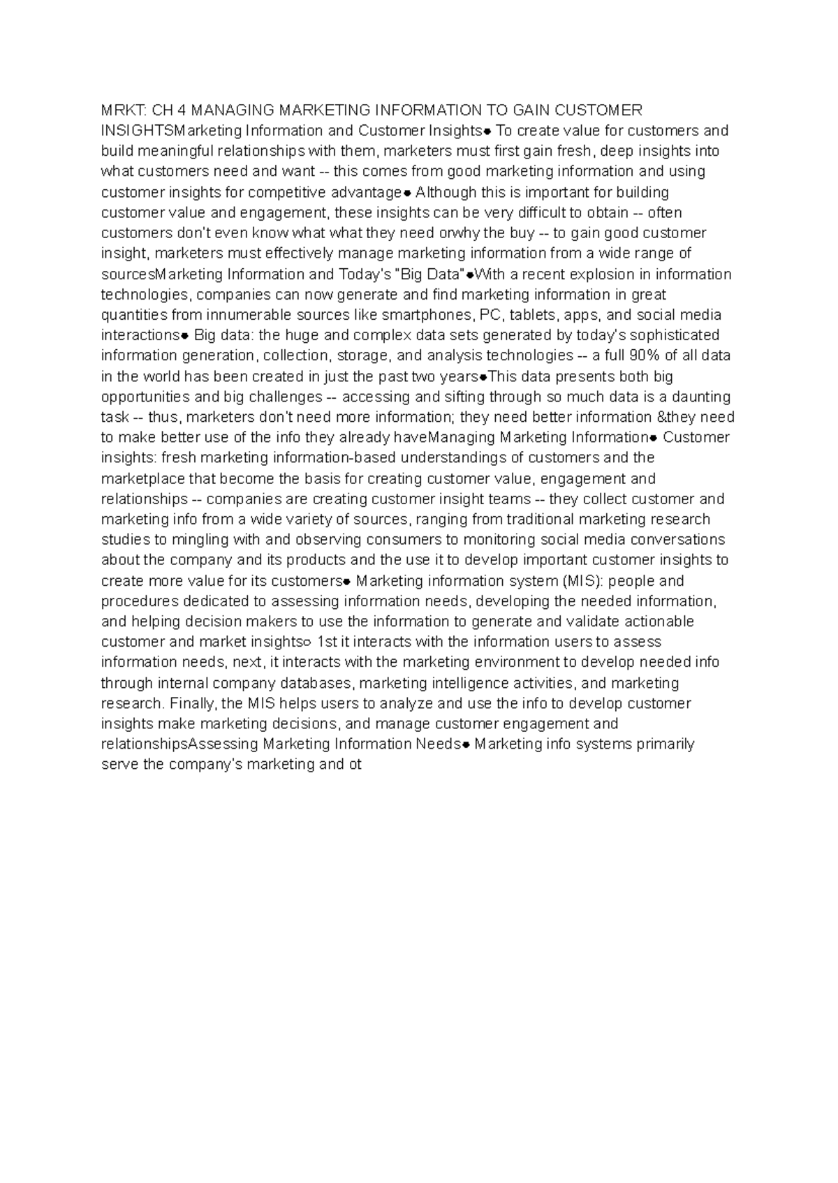 Chapter 4 notes - MRKT: CH 4 MANAGING MARKETING INFORMATION TO GAIN ...