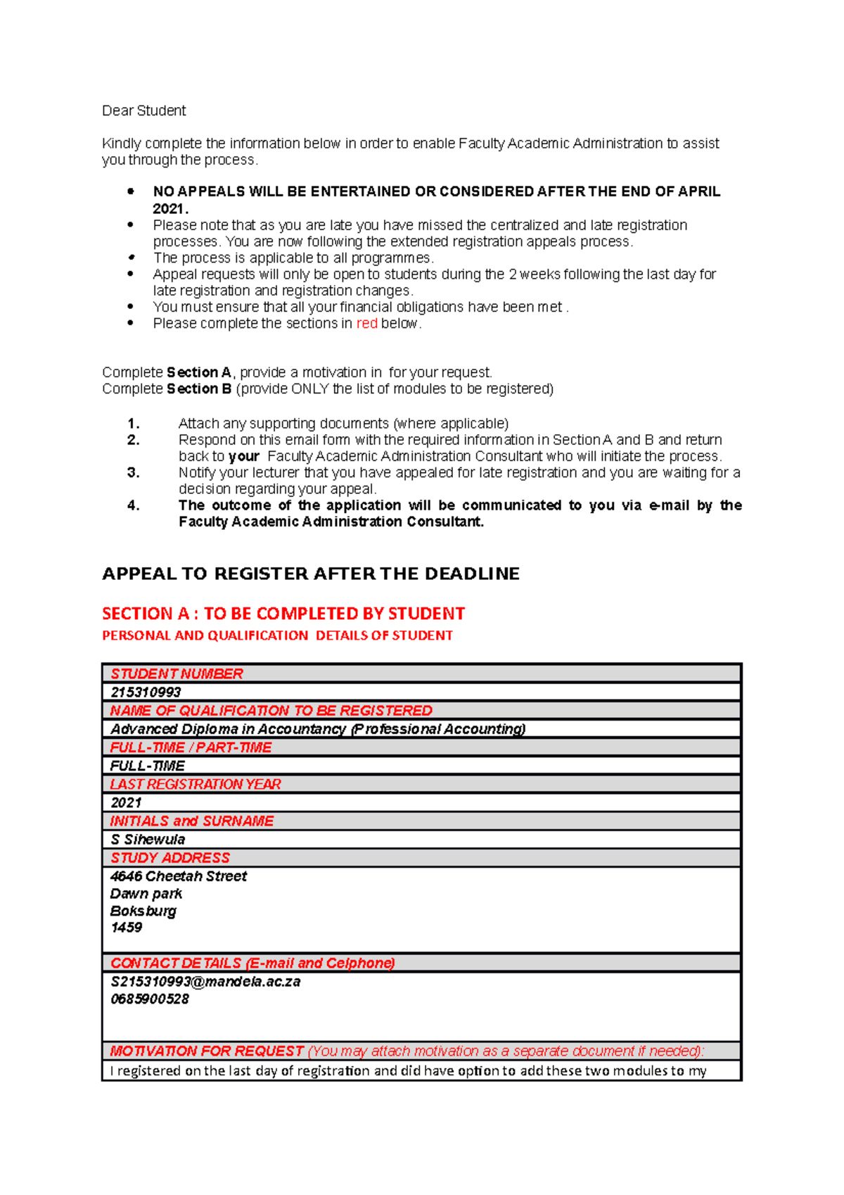 Continuation of Studies - Dear Student Kindly complete the information ...