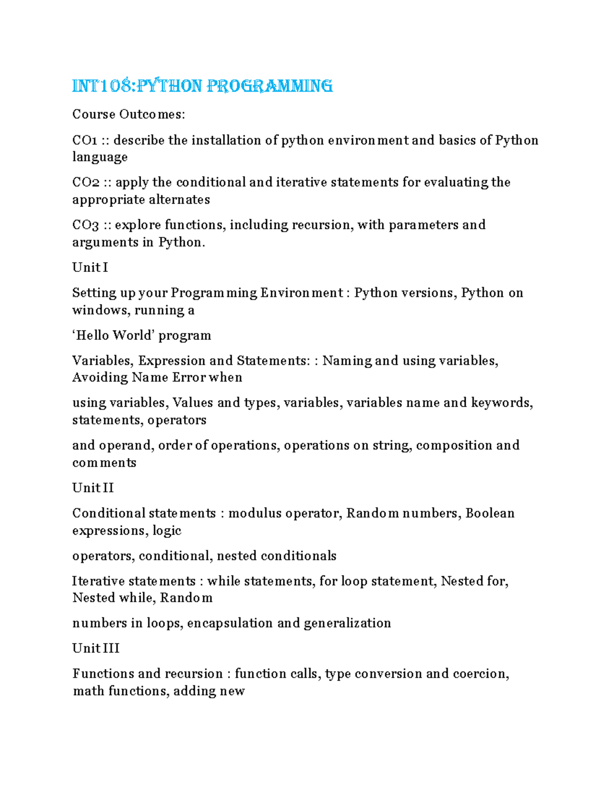 INT108 syllabus sem 1 - INT108:PYTHON PROGRAMMING Course Outcomes: CO1 ...