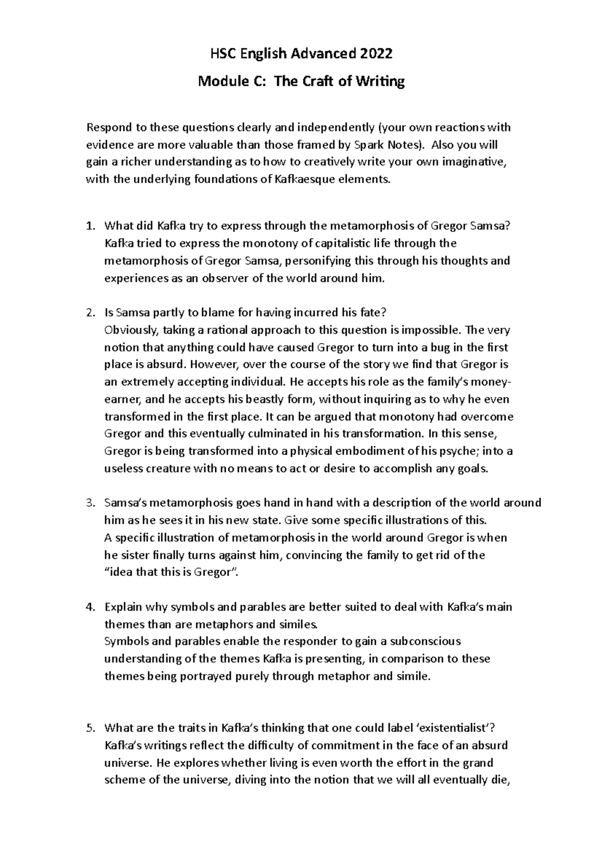 Year 12 Kafka craft of writing Kafka questions - HSC English Advanced ...