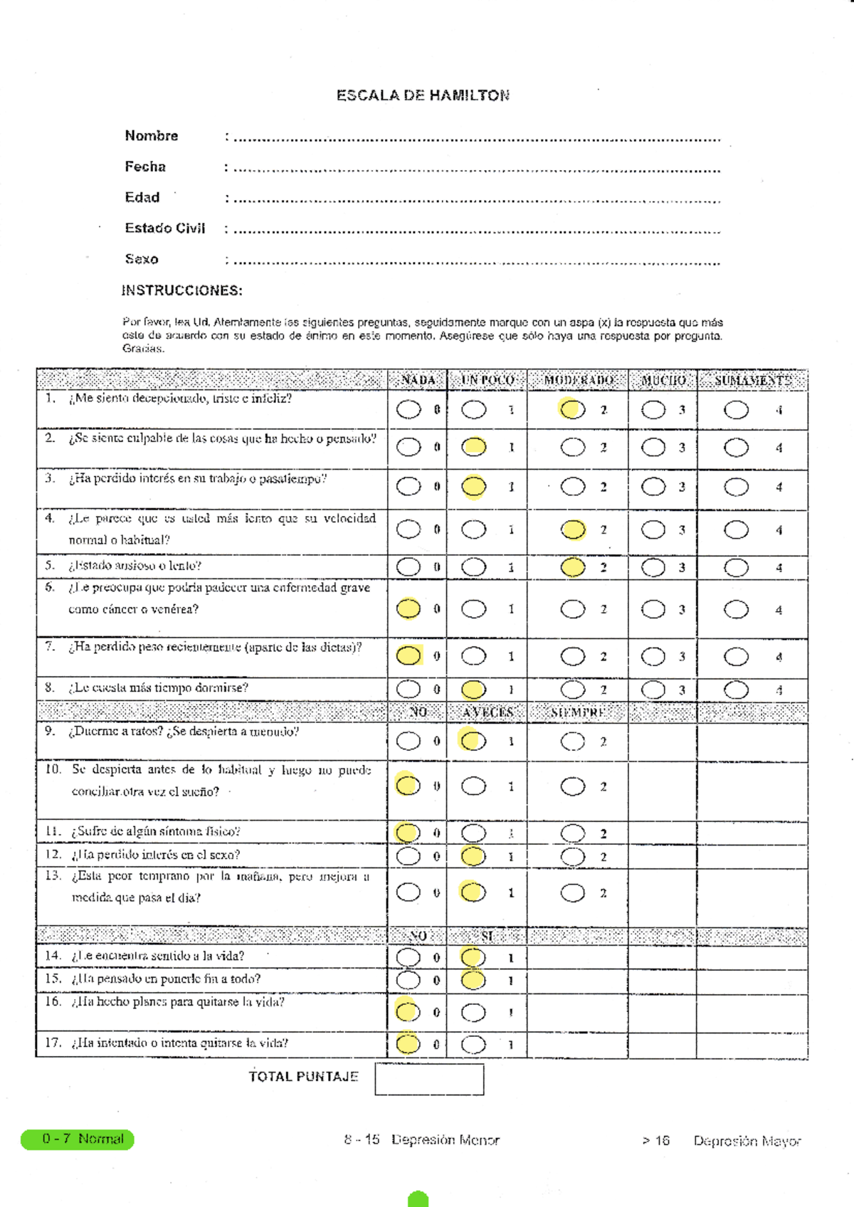 Test de Hamilton - ESCALA DE HAMILTON Nombre : Fecha : Edad : Estado ...