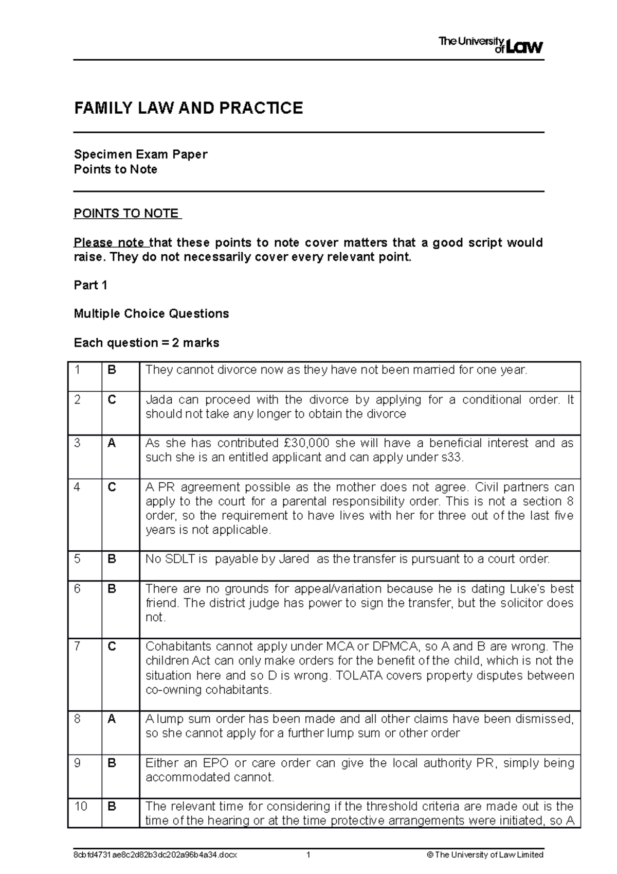 2223 fam ce01 specimen assessment points to note FAMILY LAW AND