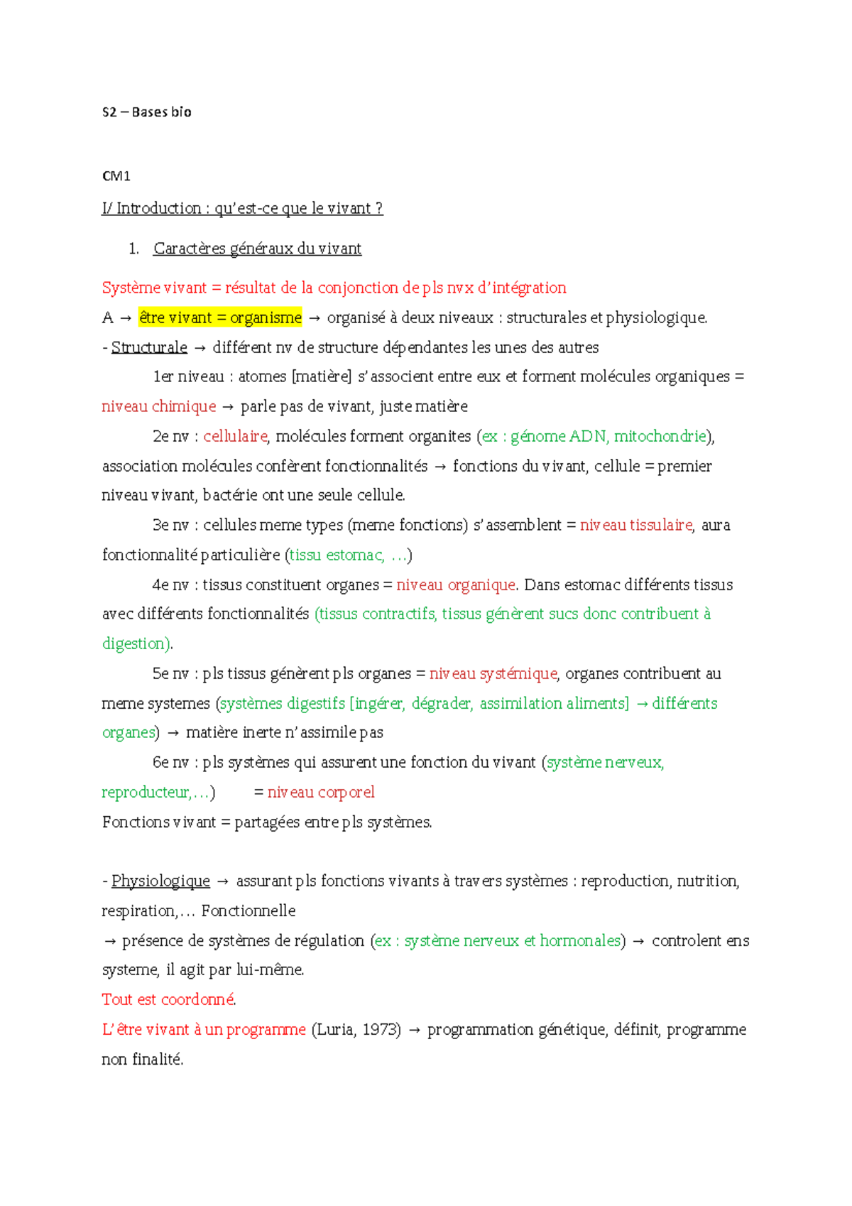 Bio - notes bio - S2 – Bases bio CM I/ Introduction : qu’est-ce que le ...