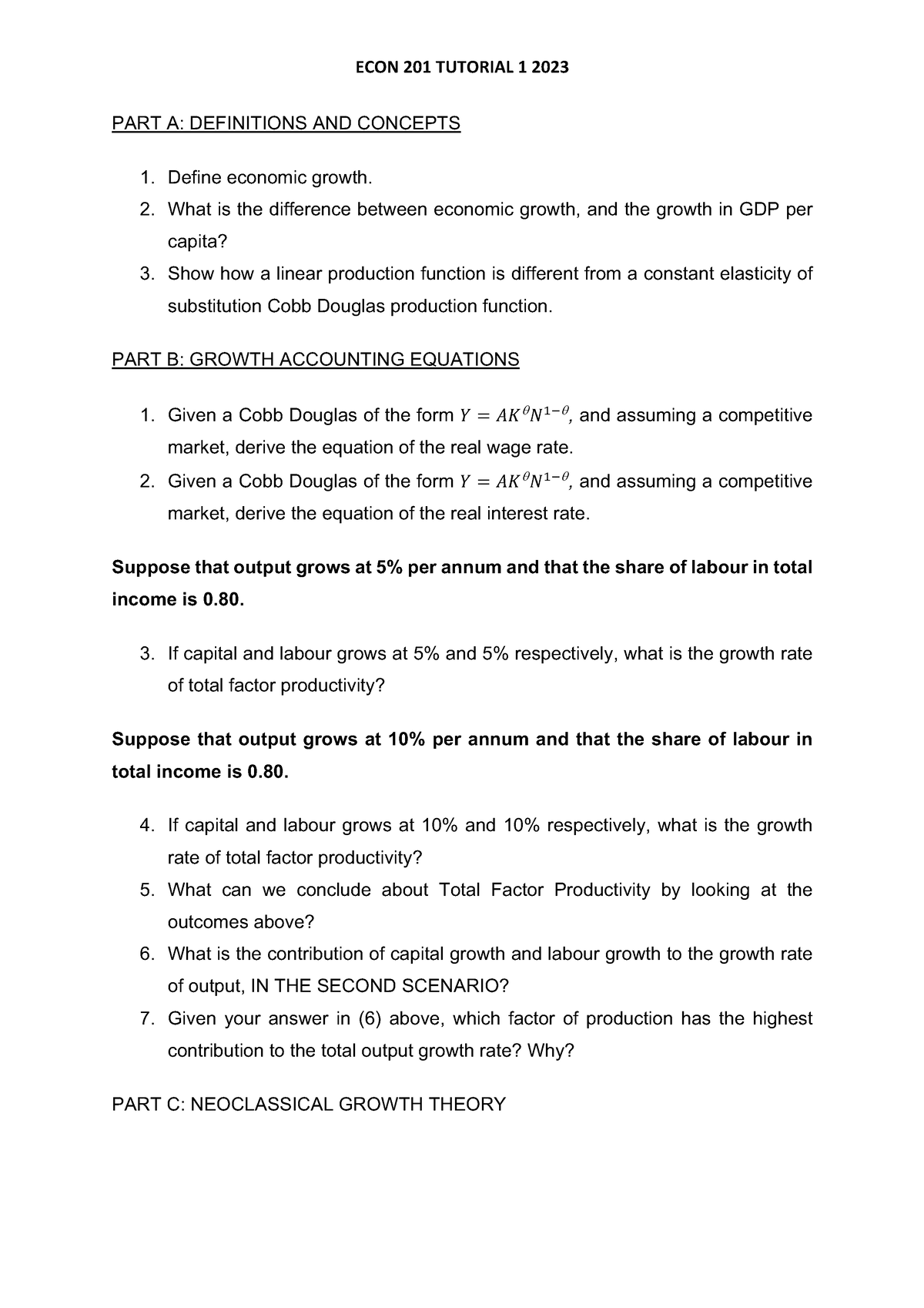 ECON 201 Tutorial 1 2023 - ECON 201 TUTORIAL 1 2023 PART A: DEFINITIONS ...