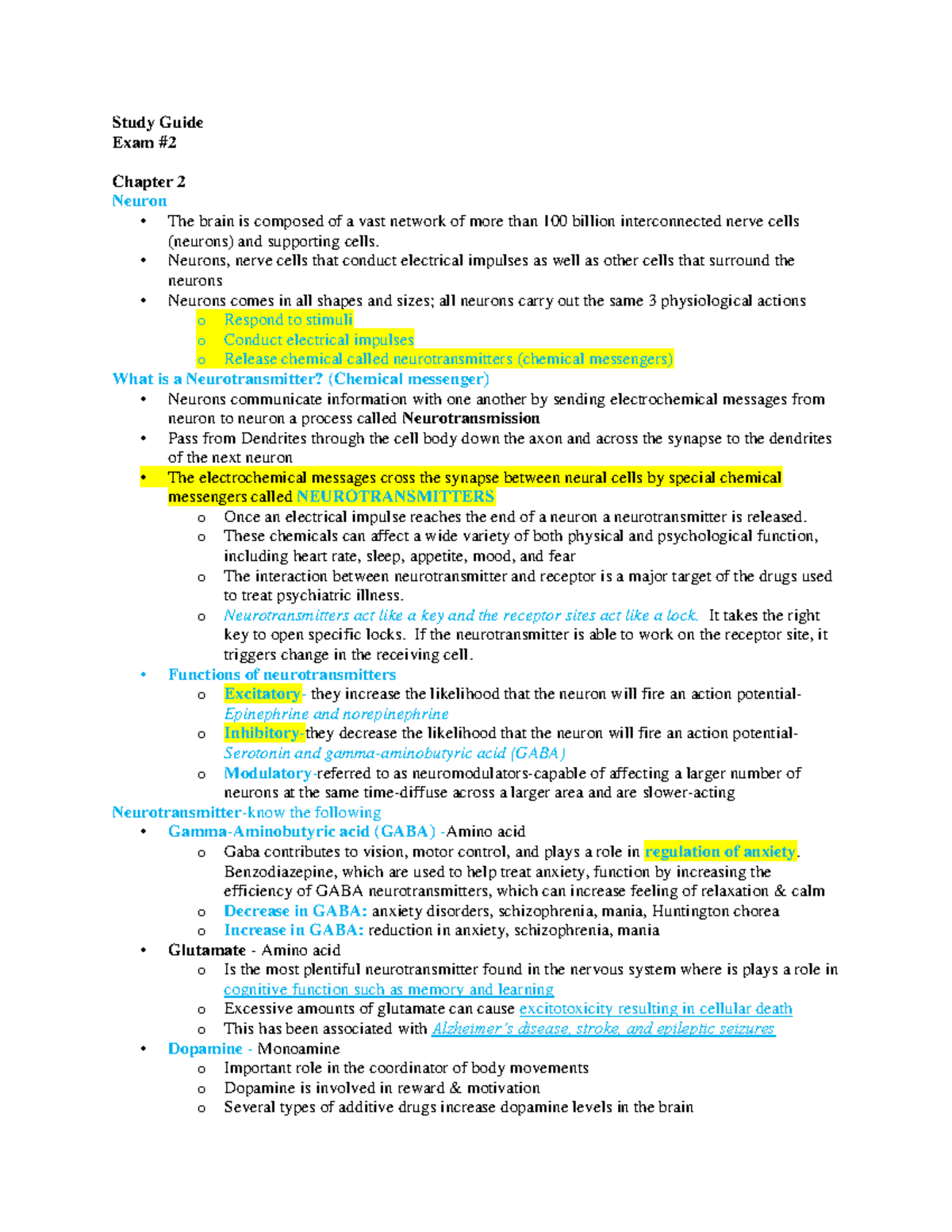 Psych Exam 2 - Jkjnjbjbjnkmll - Study Guide Exam # Chapter 2 Neuron ...