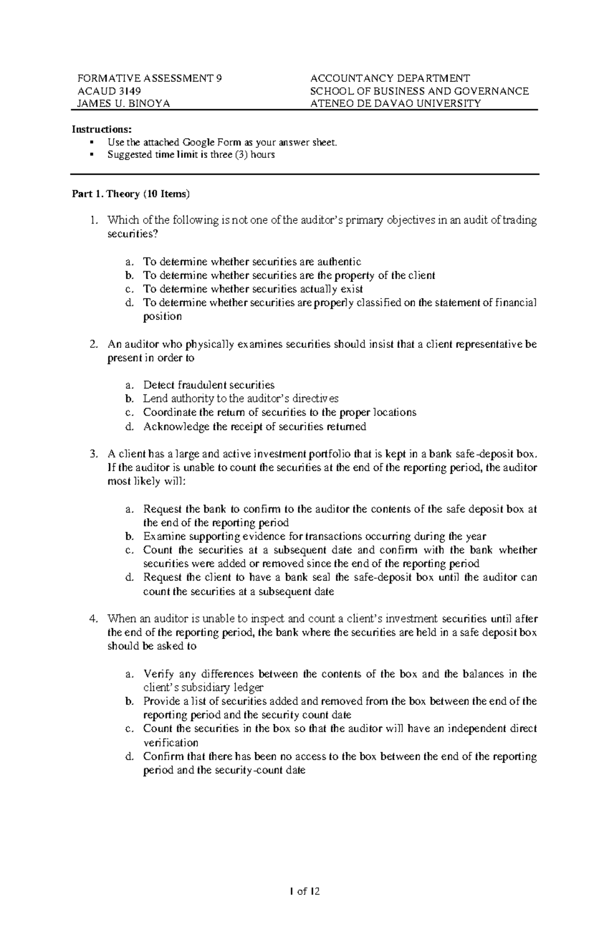 Exam 8 June 2020, questions - FORMATIVE ASSESSMENT 9 ACAUD 3149 JAMES U ...