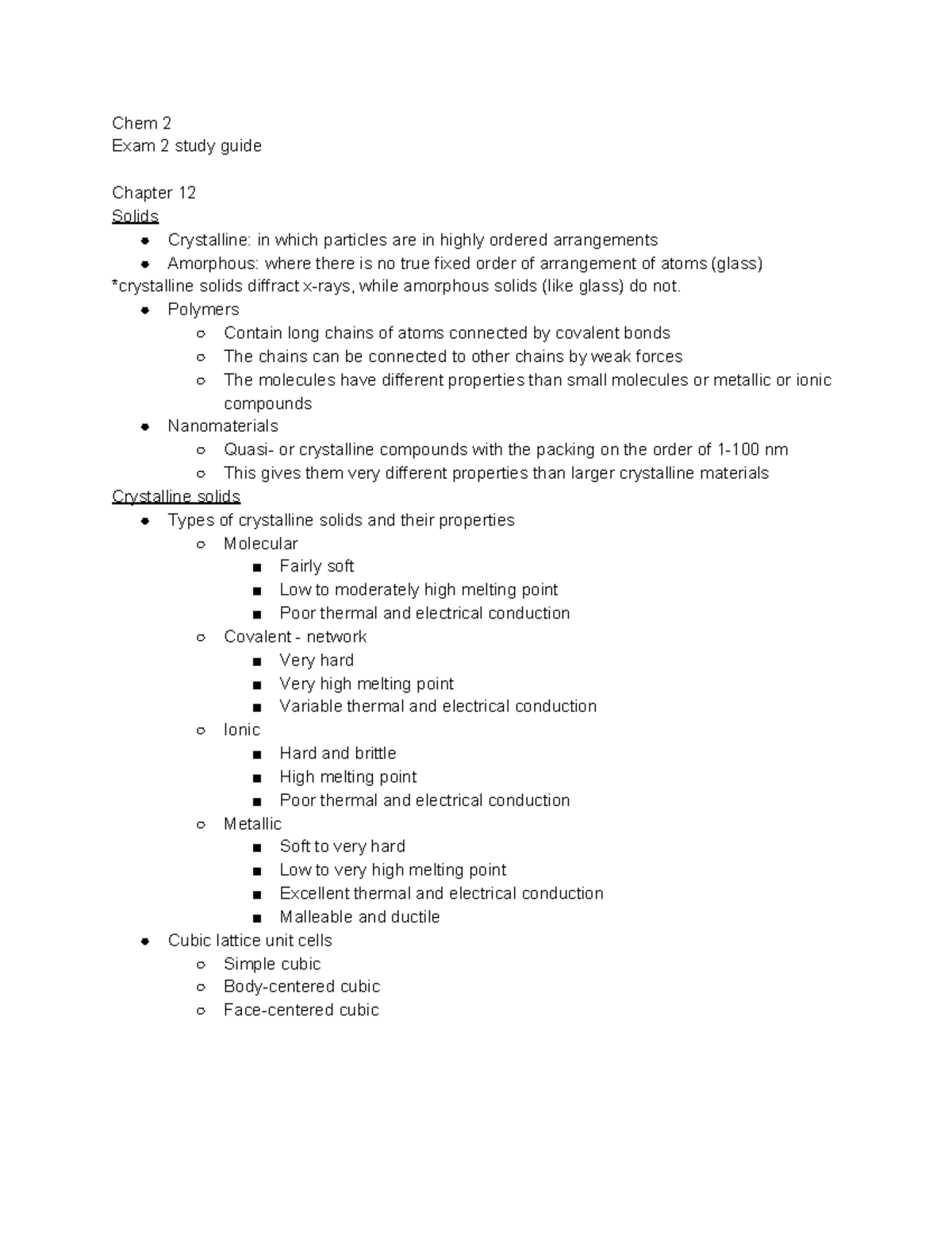 Chem 2 Exam 2 Study Guide - Chem 2 Exam 2 study guide Chapter 12 Solids ...