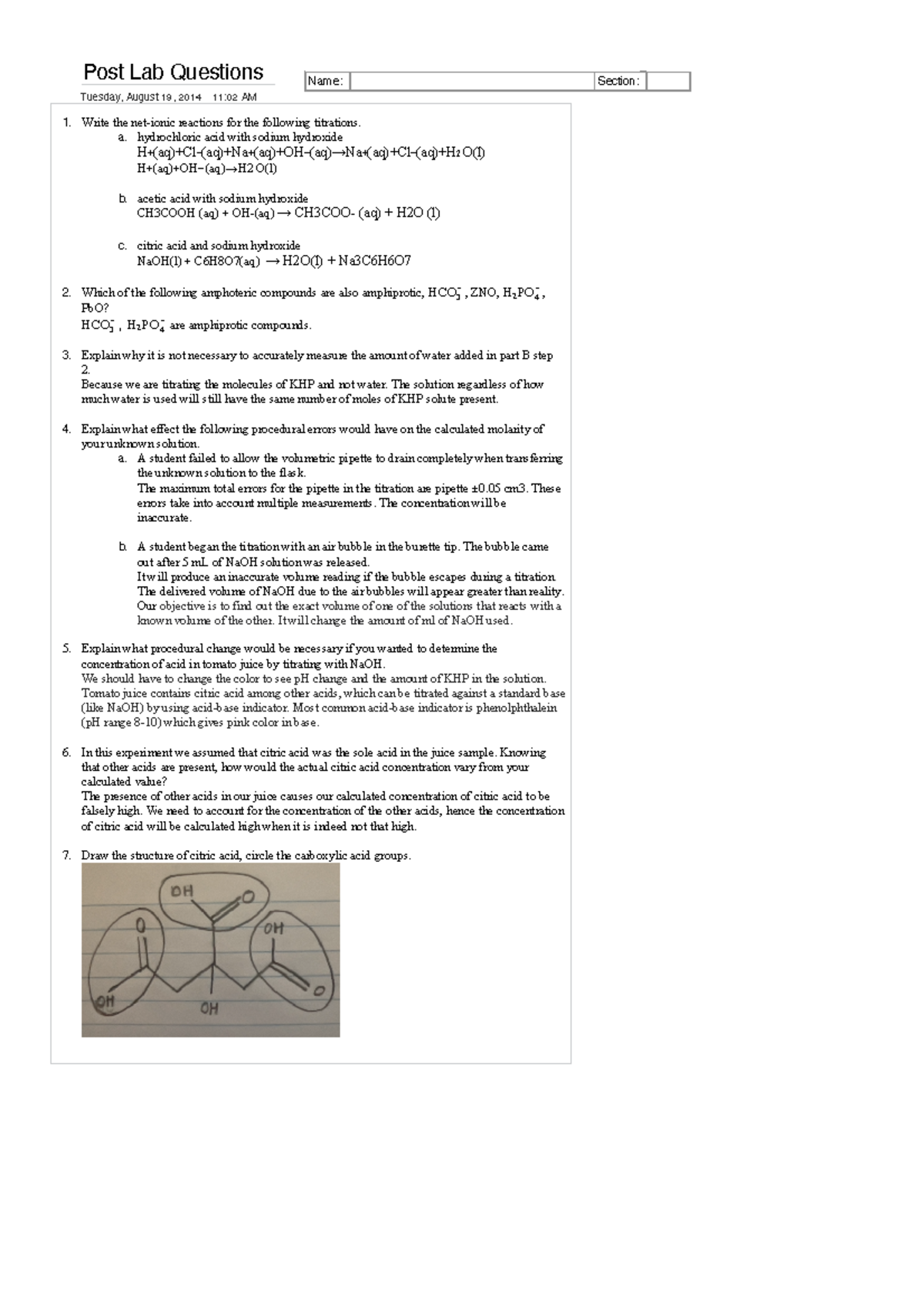 PostLab Questions of Titration of KHP with NaOH solution Post Lab