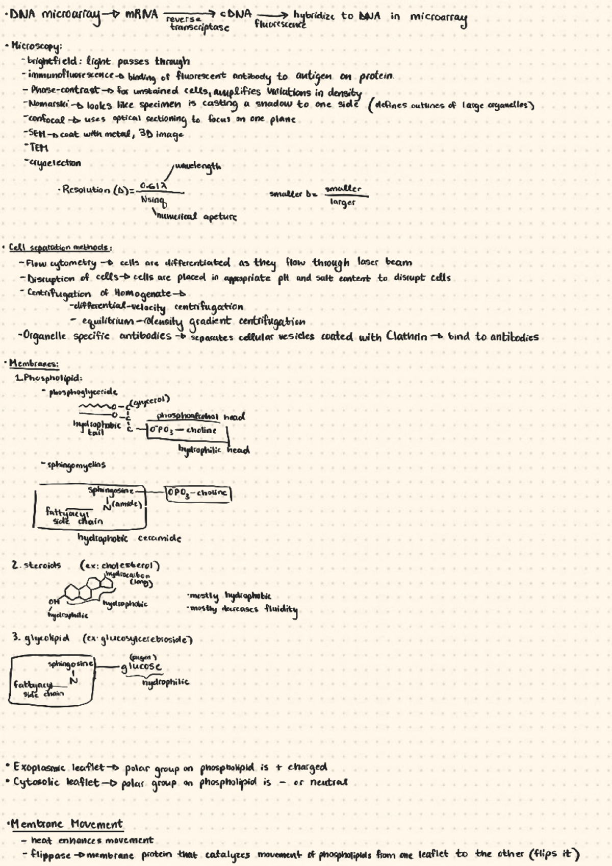 Ch notes - overview of microscopy, membrane techniques, and cell ...