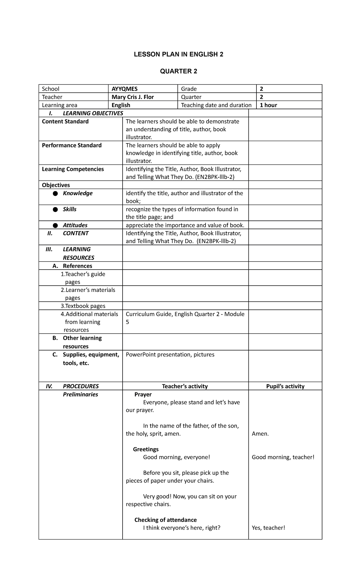 Lesson PLAN- English (Repaired) - LESSON PLAN IN ENGLISH 2 QUARTER 2 ...
