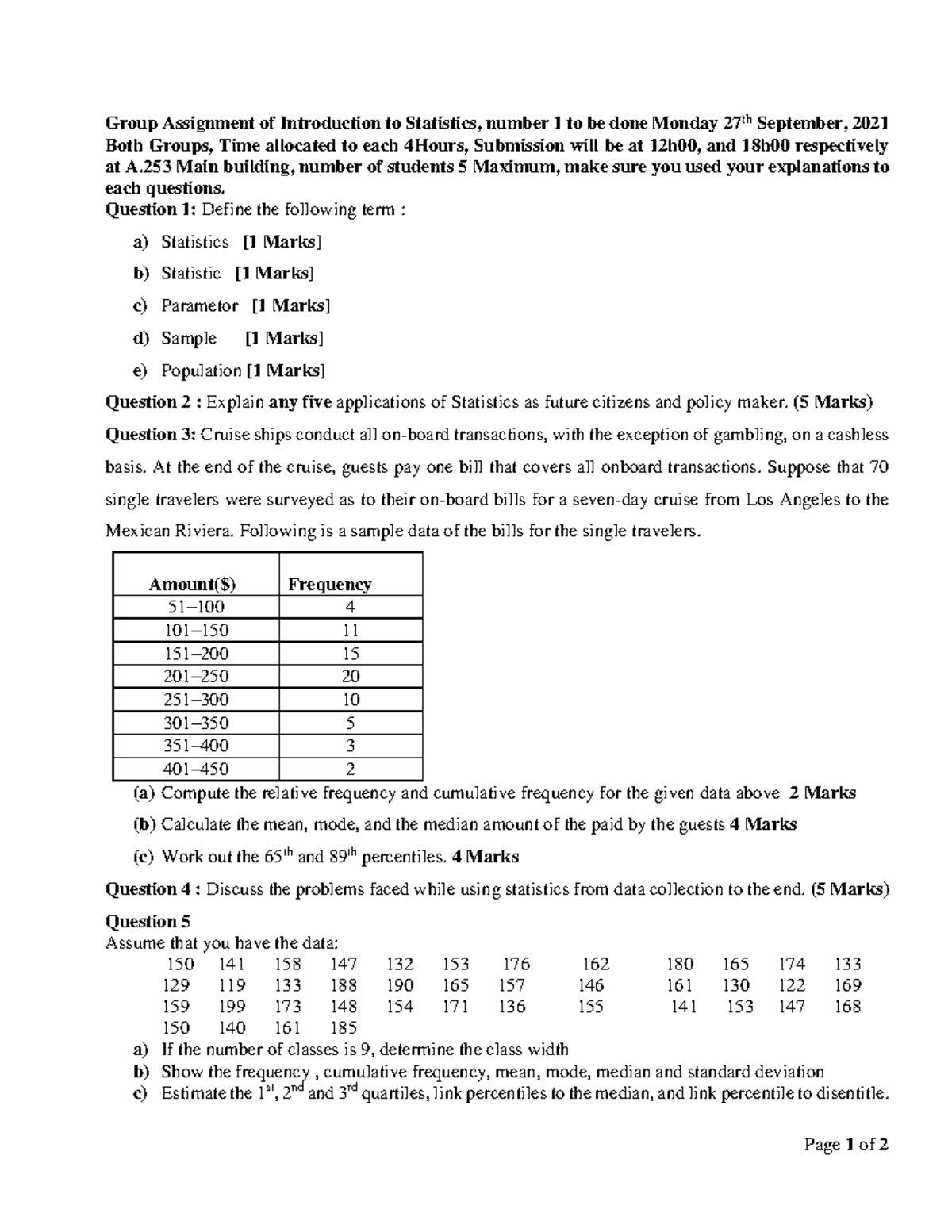 Introduction To Statistics Assignment Huye - Page 1 Of 2 Group ...