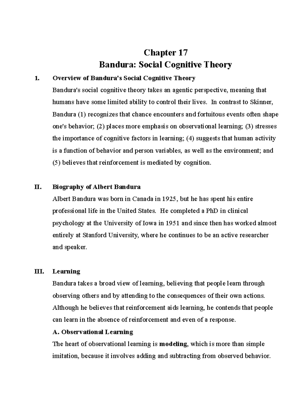 Chapter 17 Summary Theories of Personality Chapter 17 Bandura