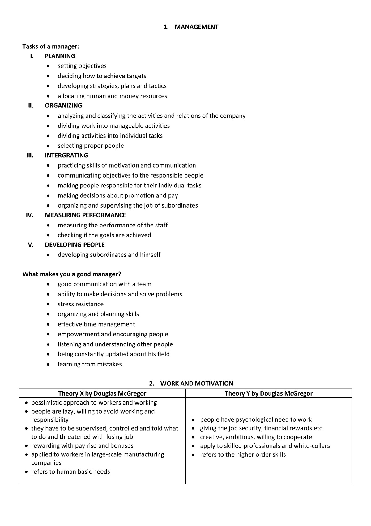 Egzamin- Ustny-1 - 1. MANAGEMENT Tasks of a manager: I. PLANNING ...