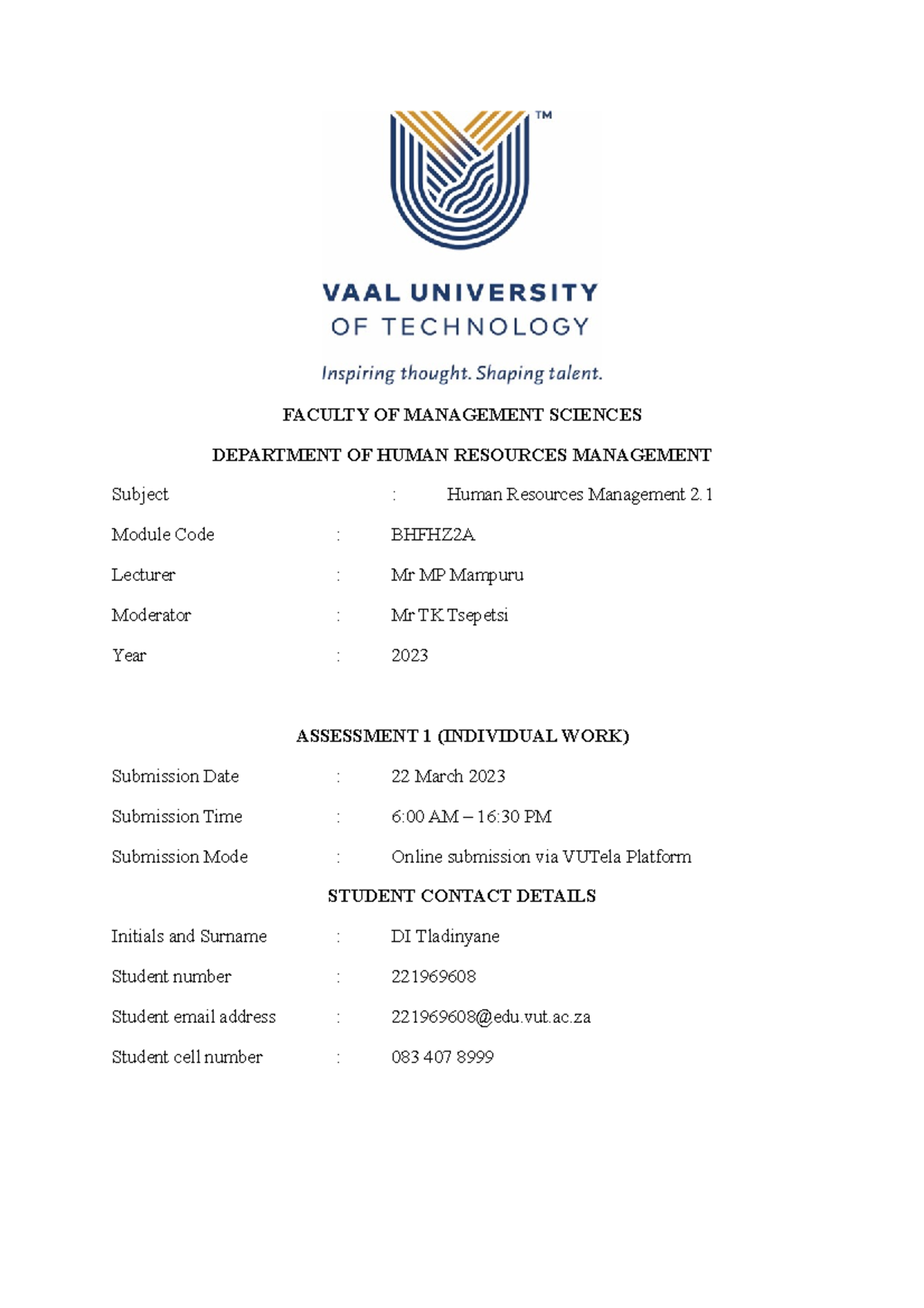 Individual Assignment 1 - FACULTY OF MANAGEMENT SCIENCES DEPARTMENT OF ...