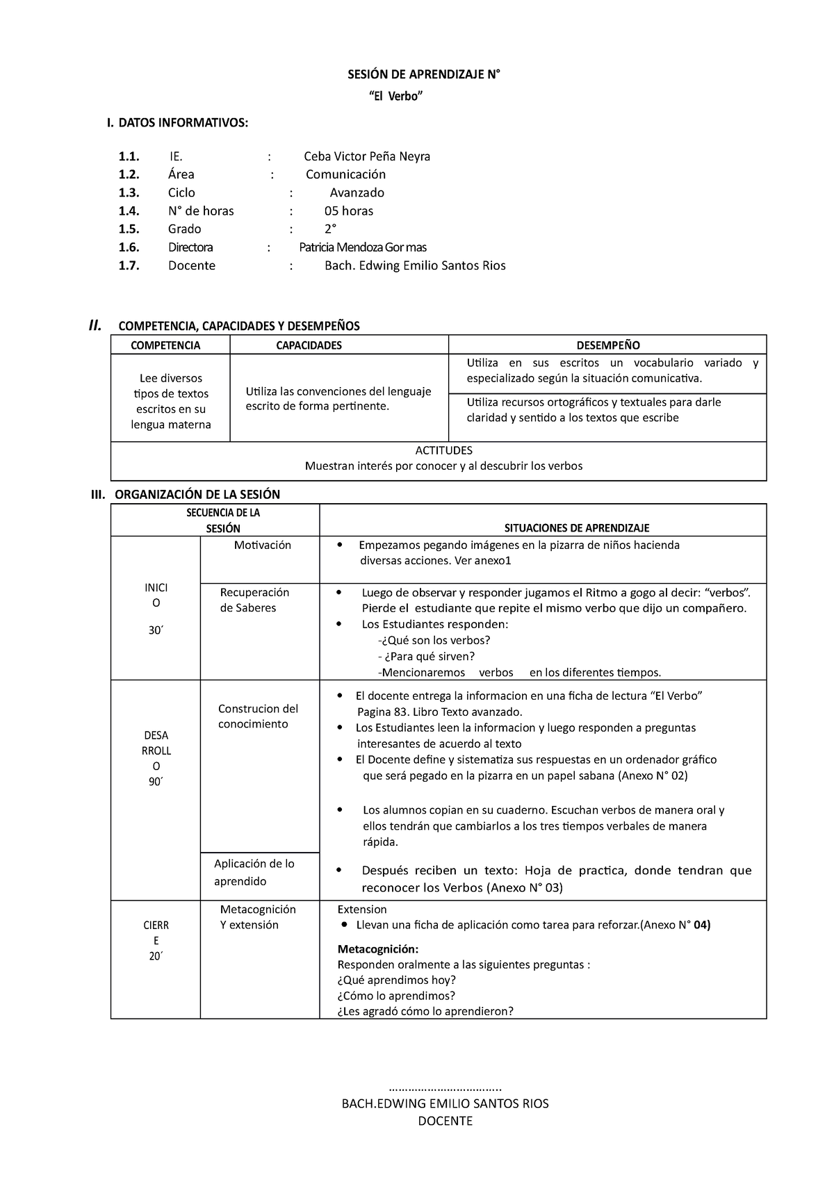 Sesion De Aprendizaje Del Verbo SesiÓn De Aprendizaje N° “el Verbo” I Datos Informativos Ie 7083