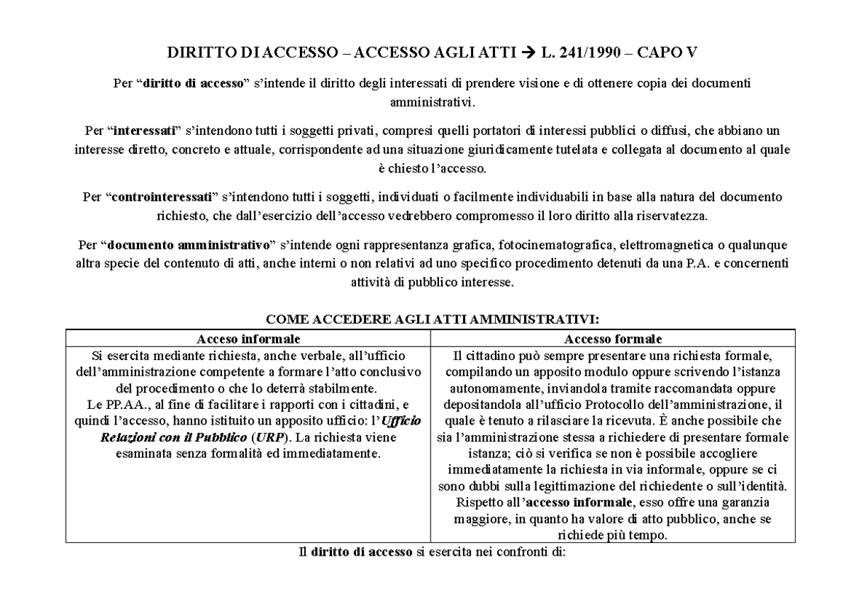 Accesso Agli Atti - DIRITTO DI ACCESSO – ACCESSO AGLI ATTI L. 241/1990 ...