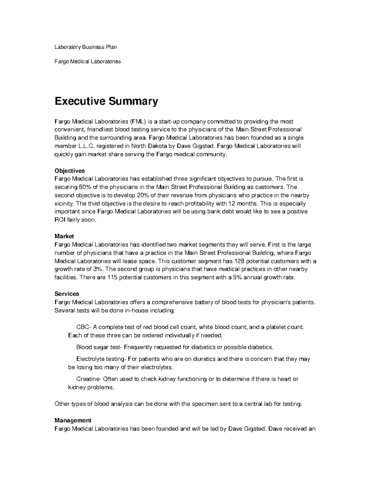 fargo medical laboratory business plan