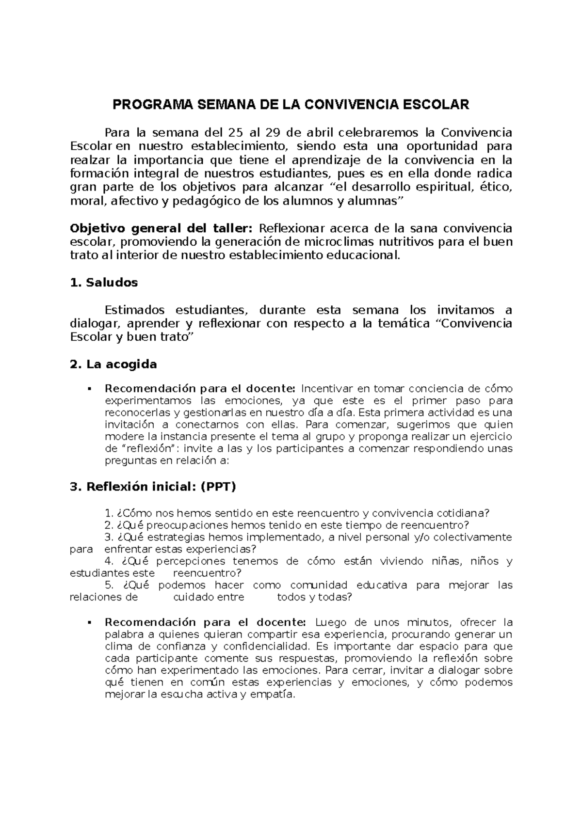 Programa Semana Convivencia Escolar - PROGRAMA SEMANA DE LA CONVIVENCIA ...